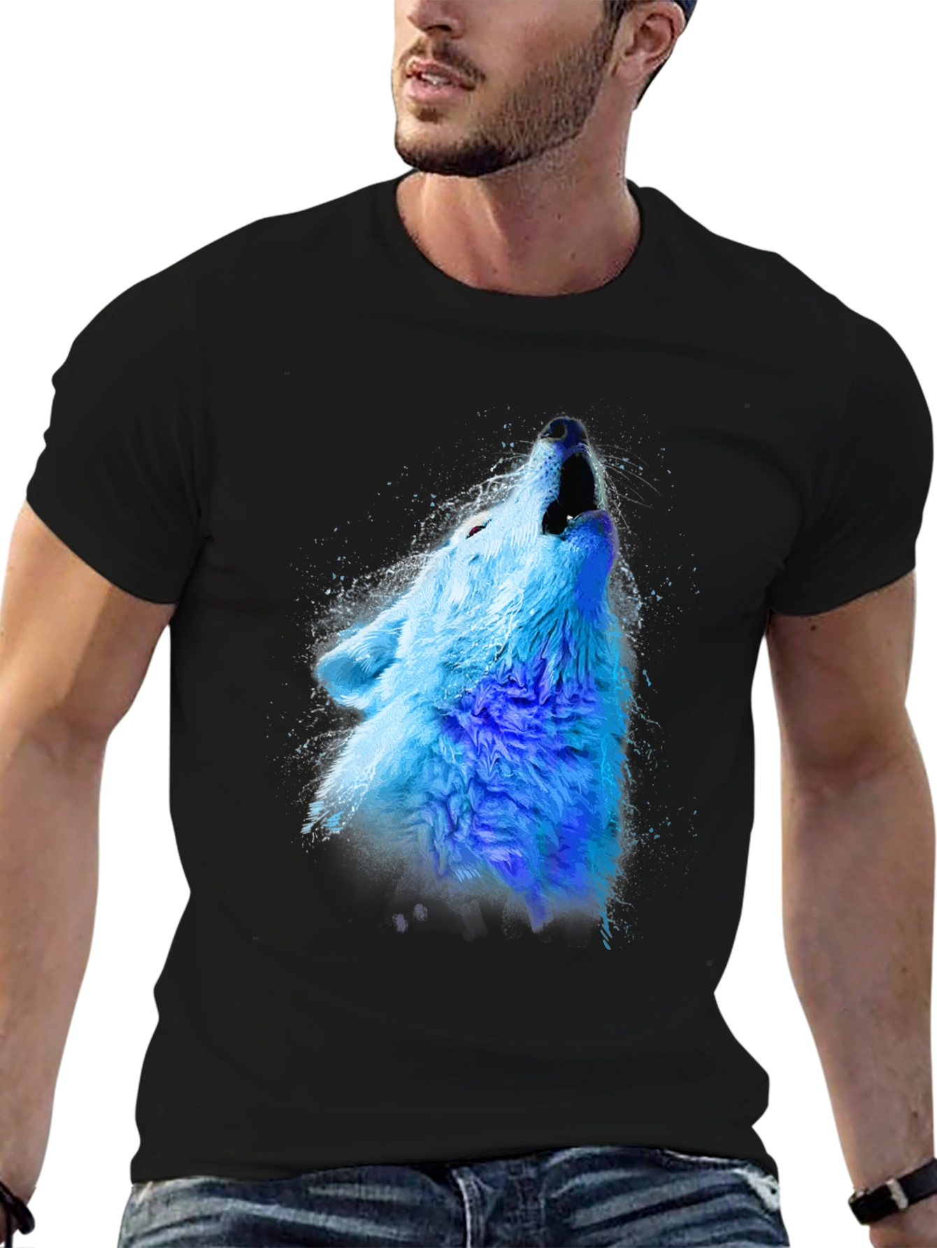 Black Blue Wolf Graphic Tee - Men's Black Crew Neck T-Shirt view 6