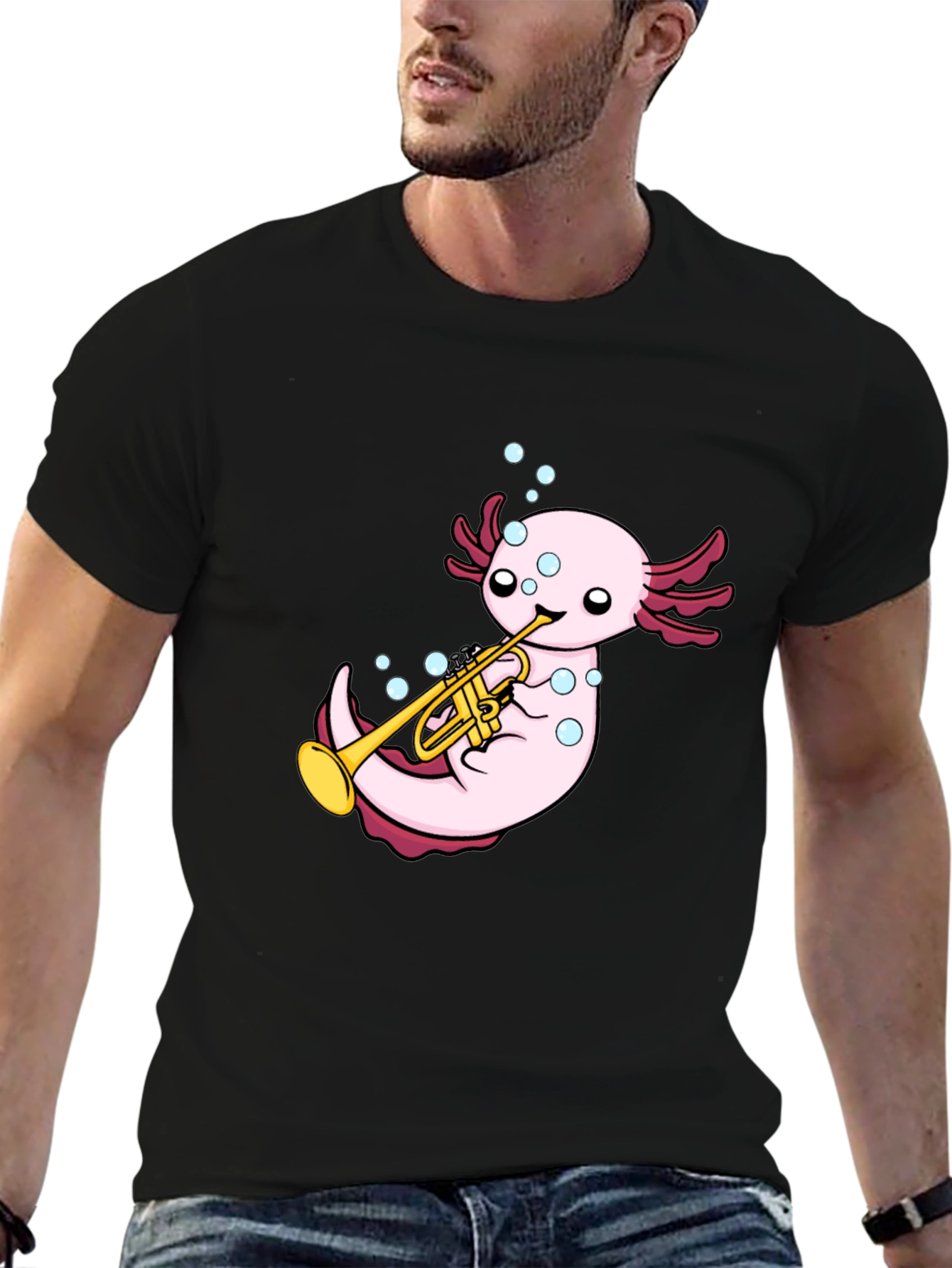 Black Axolotl Trumpet Player Graphic T-Shirt - Black view 6