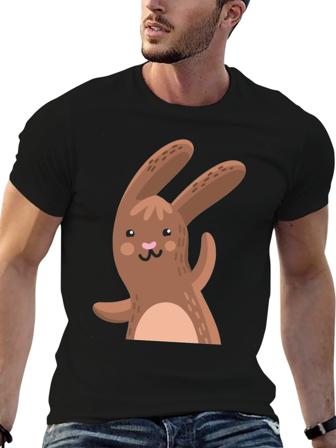 Black Cute Cartoon Rabbit Black T-Shirt view 6