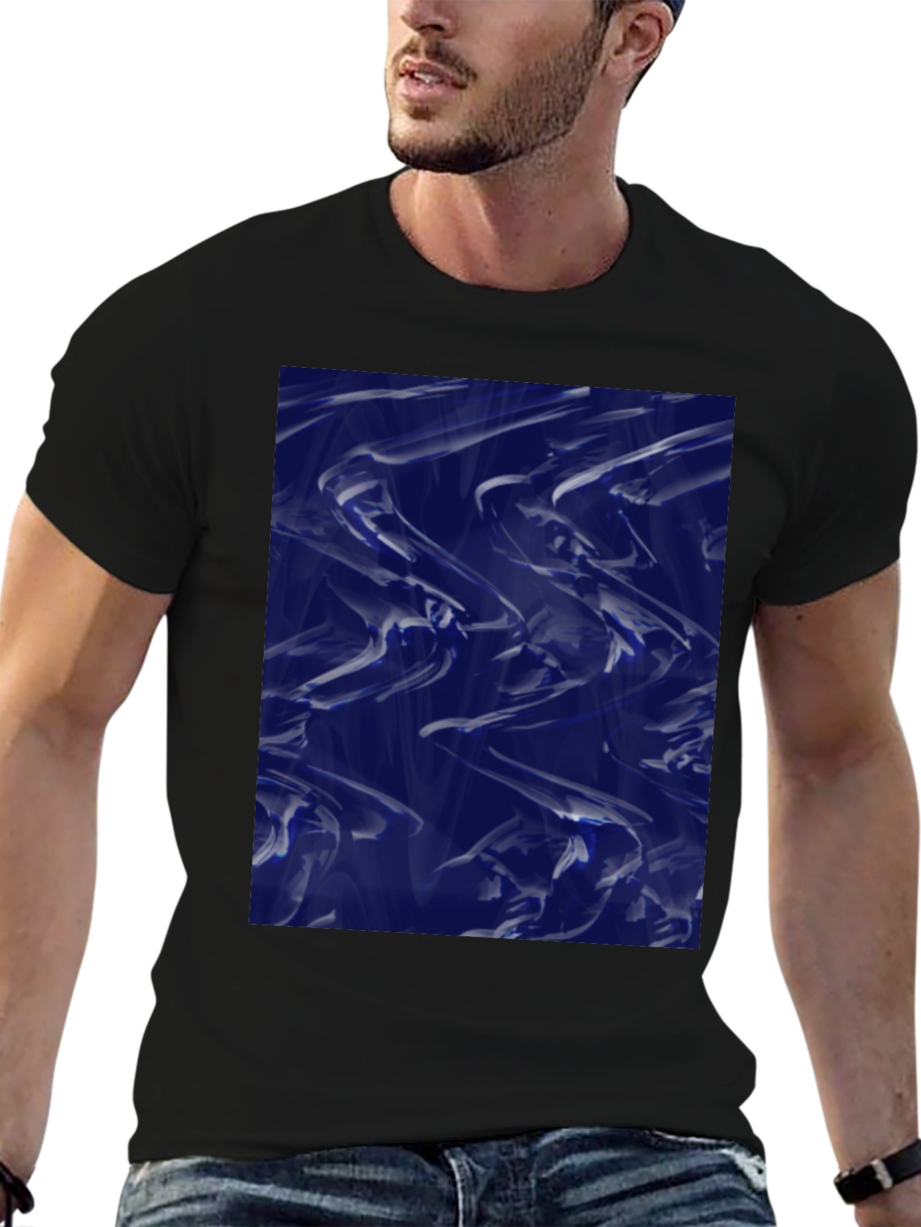 Black Abstract Blue Fluid Art Graphic Black T-Shirt view 6