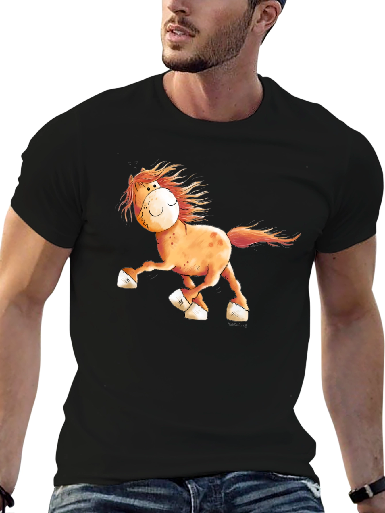 Black Cartoon Horse Graphic Tee - Black Cotton Shirt view 6