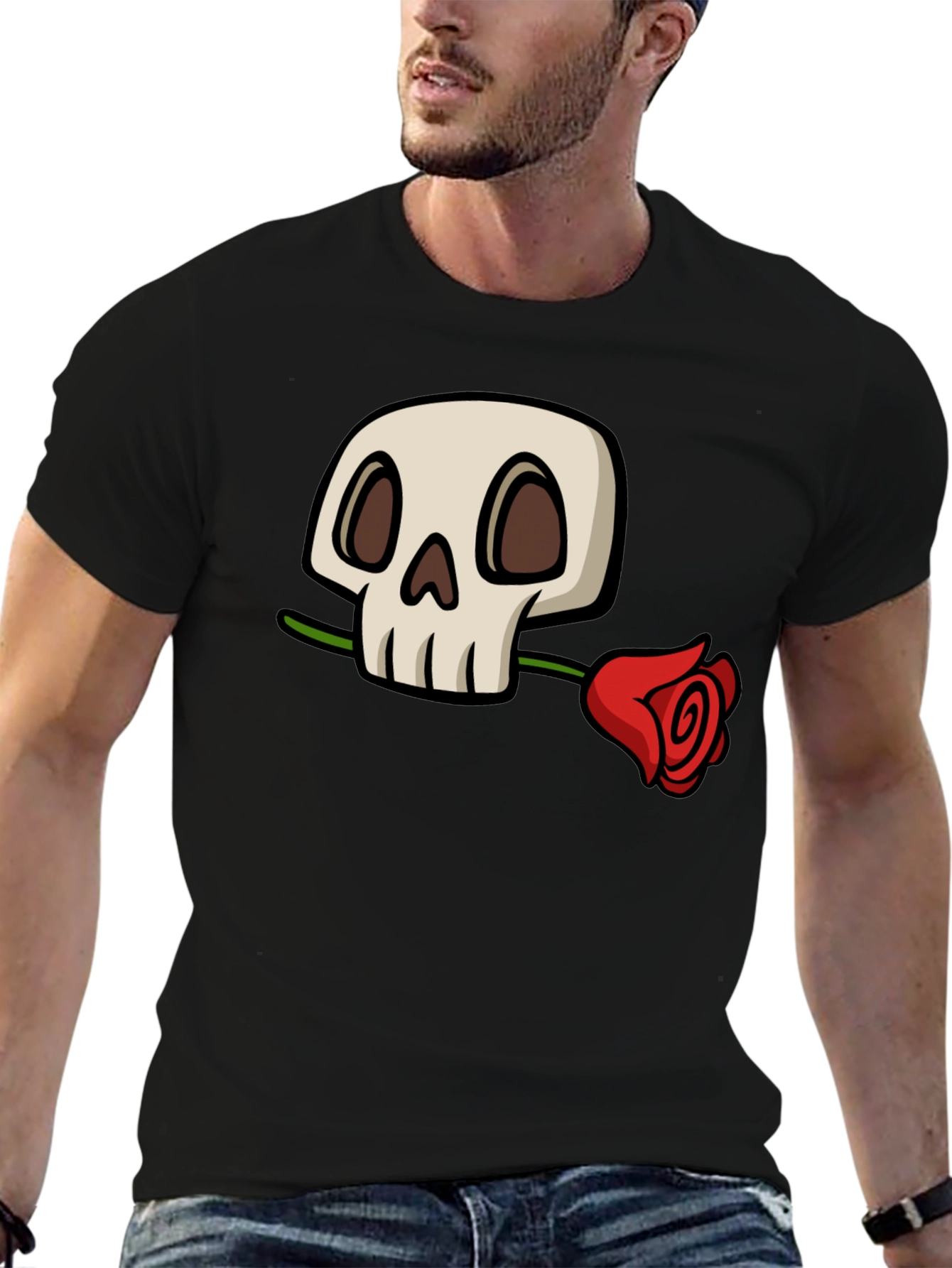 Black Skull and Rose Graphic T-Shirt - Cool Black Tee view 6