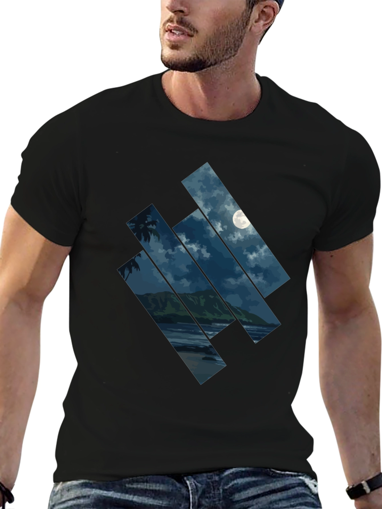 Moonlit Beach Graphic Tee - Men's Black T-Shirt - 6