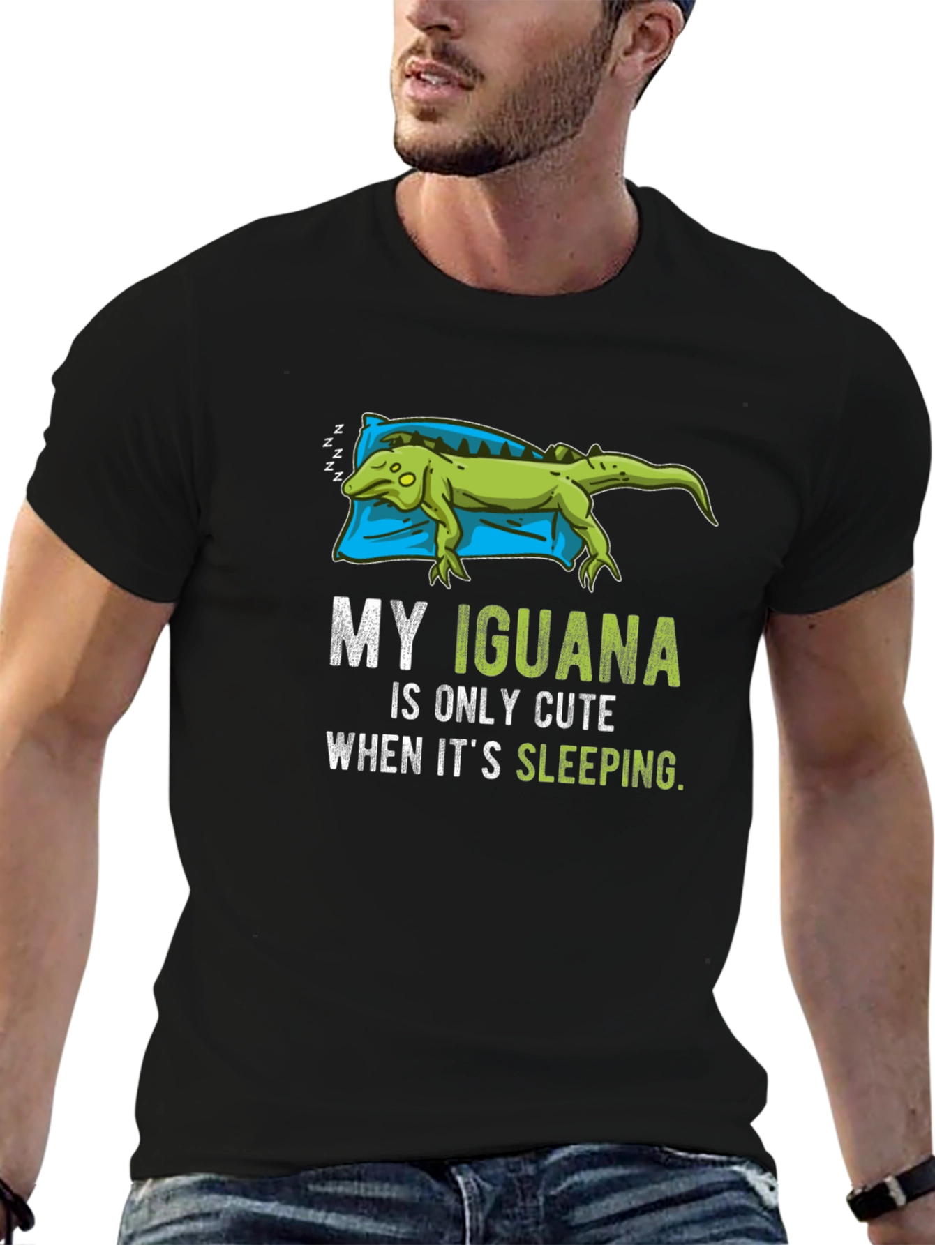 Black Funny Iguana Sleeping T-Shirt view 6