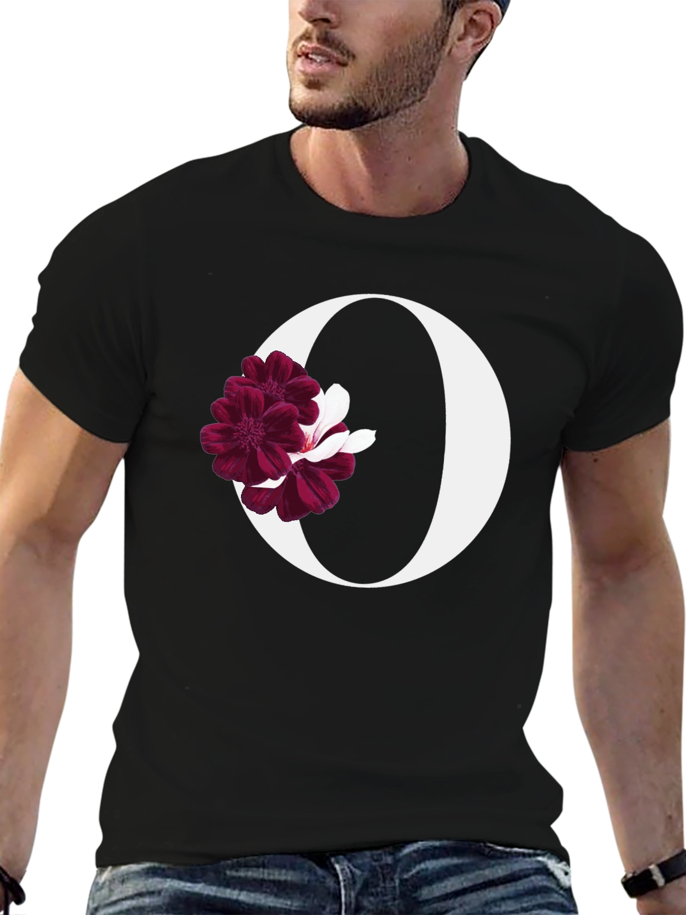Black Floral Letter O Black T-Shirt view 6