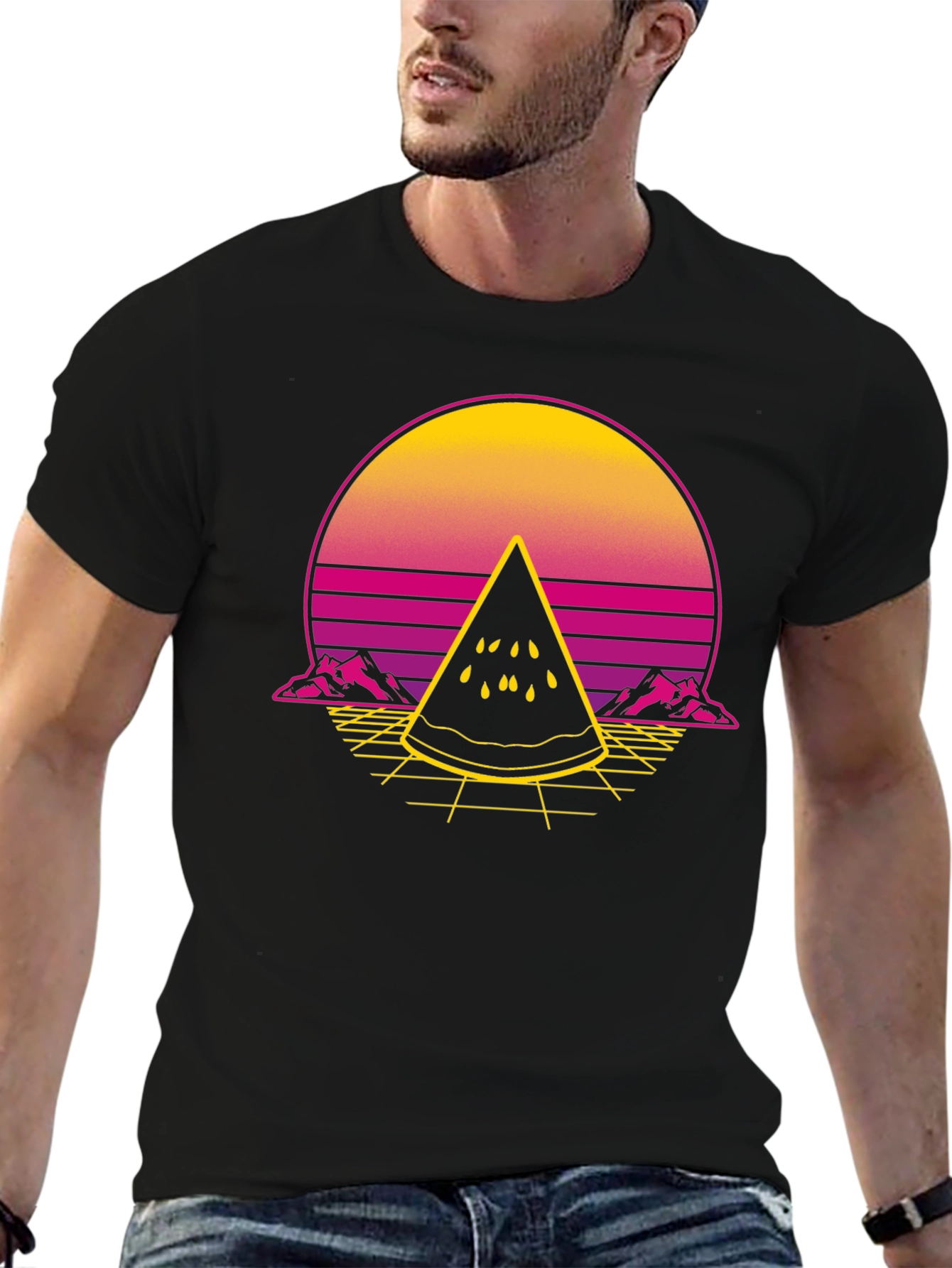 Black Retro Sunset Watermelon Slice T-Shirt view 6