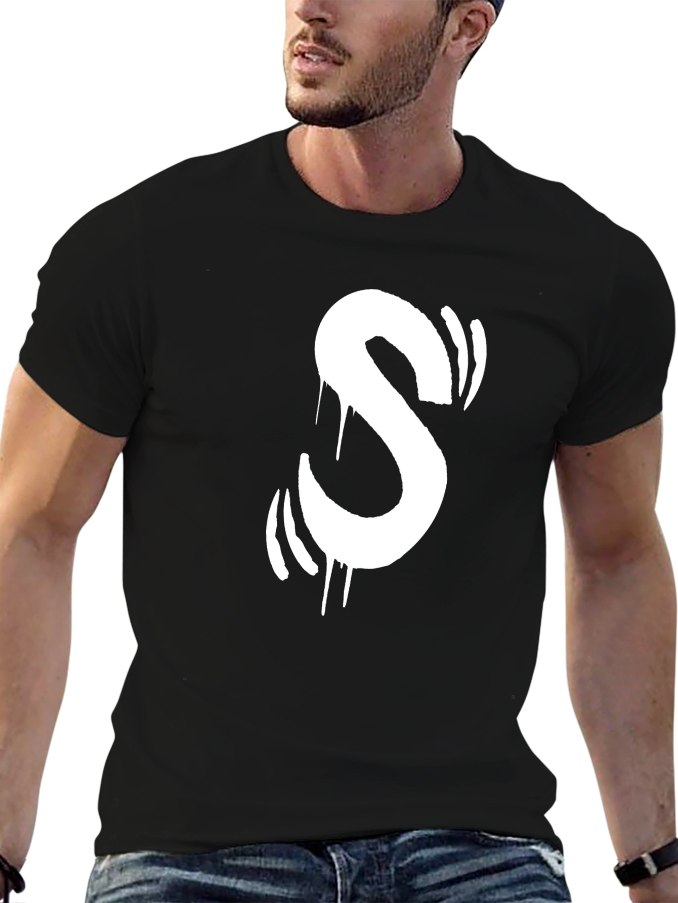 Black Urban Style Black T-Shirt with White Graffiti "S" view 6