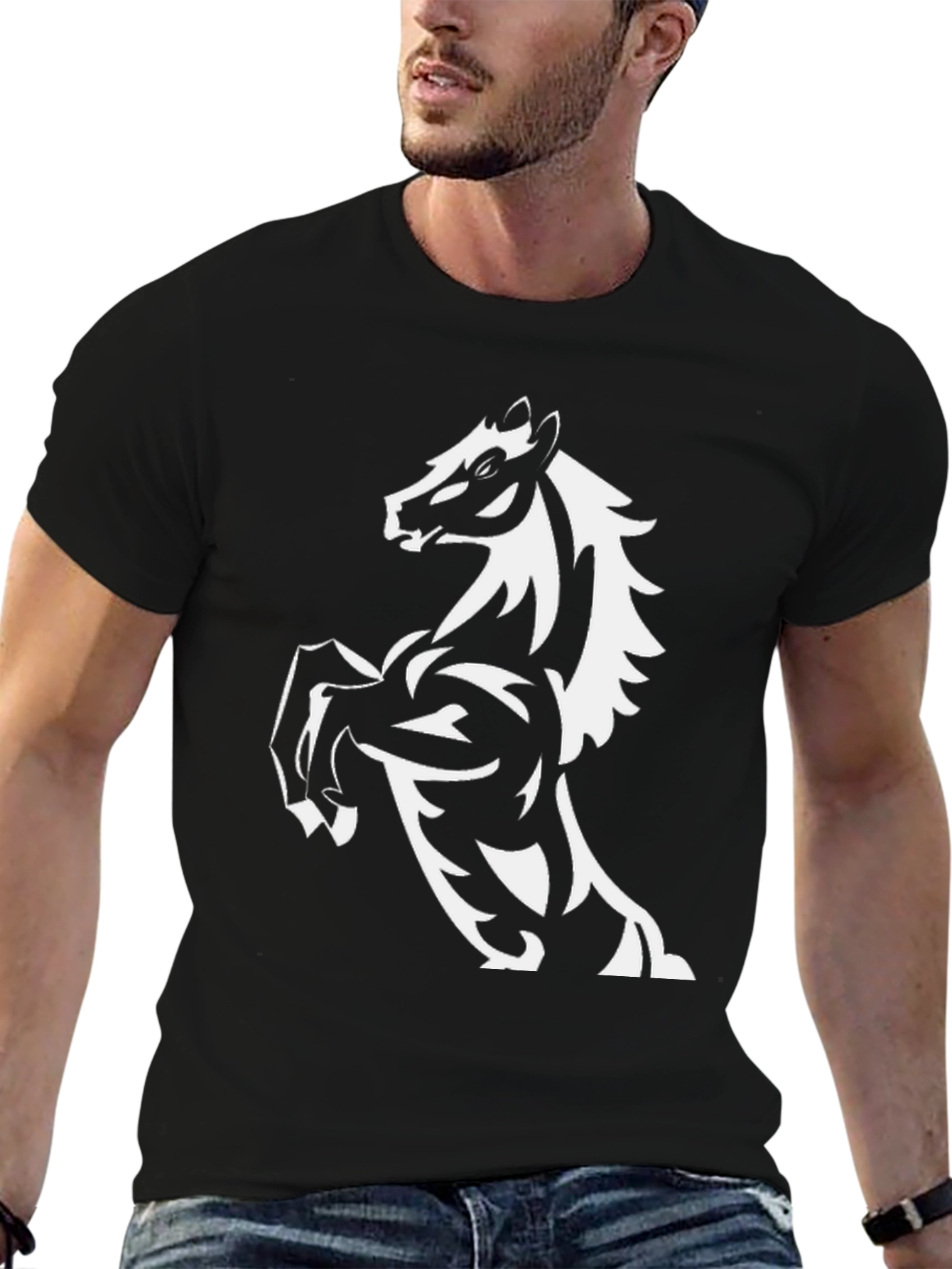 Black Men's Black T-Shirt with Horse Graphic view 6