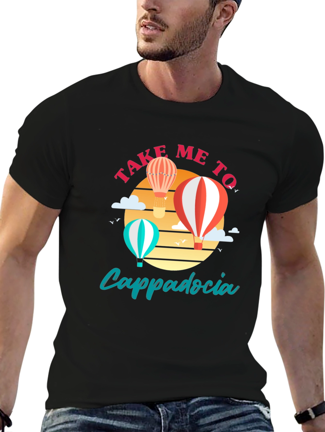 Black Cappadocia Hot Air Balloon T-Shirt view 6