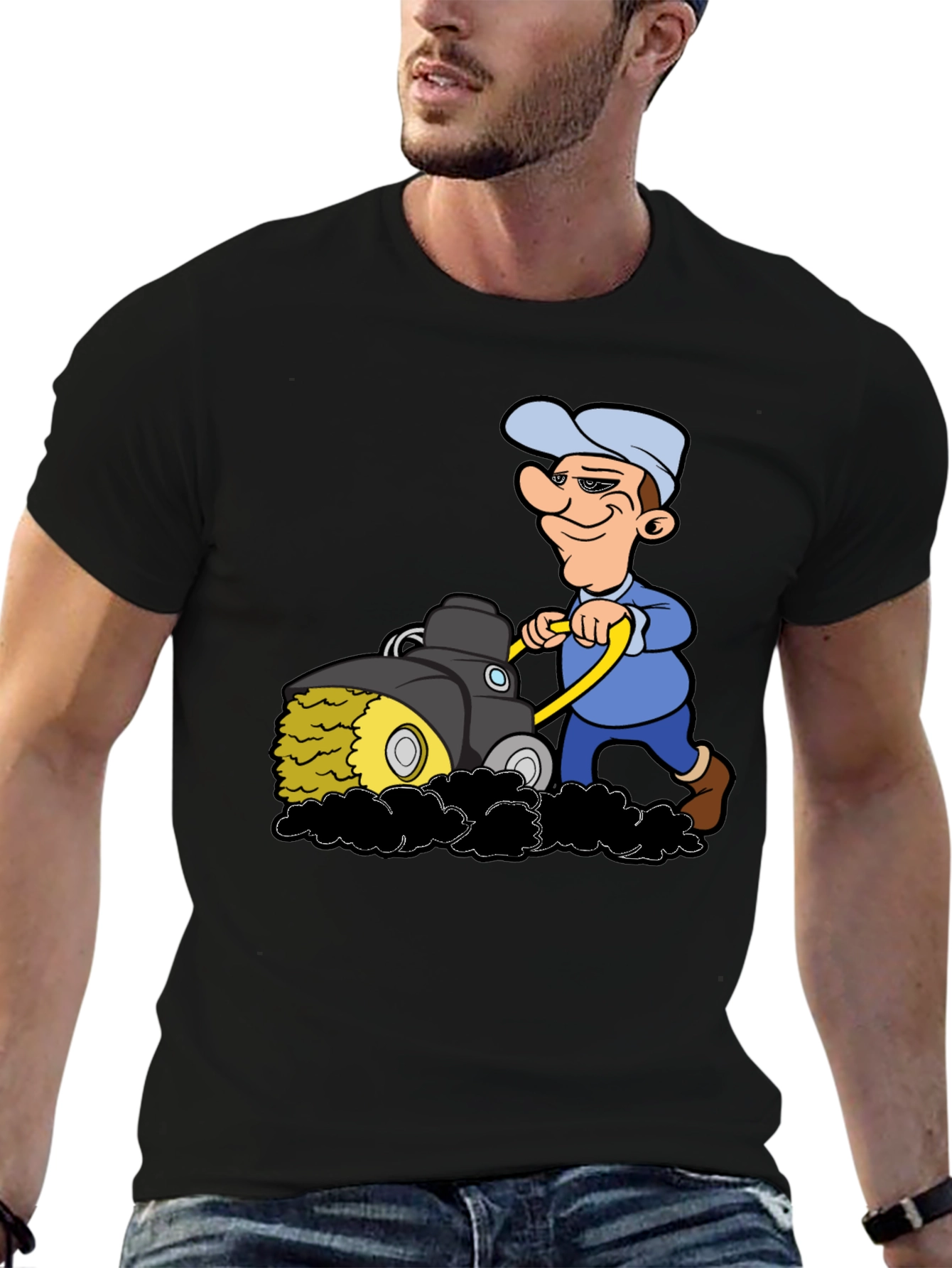 Black Cartoon Lawn Mower T-Shirt view 6