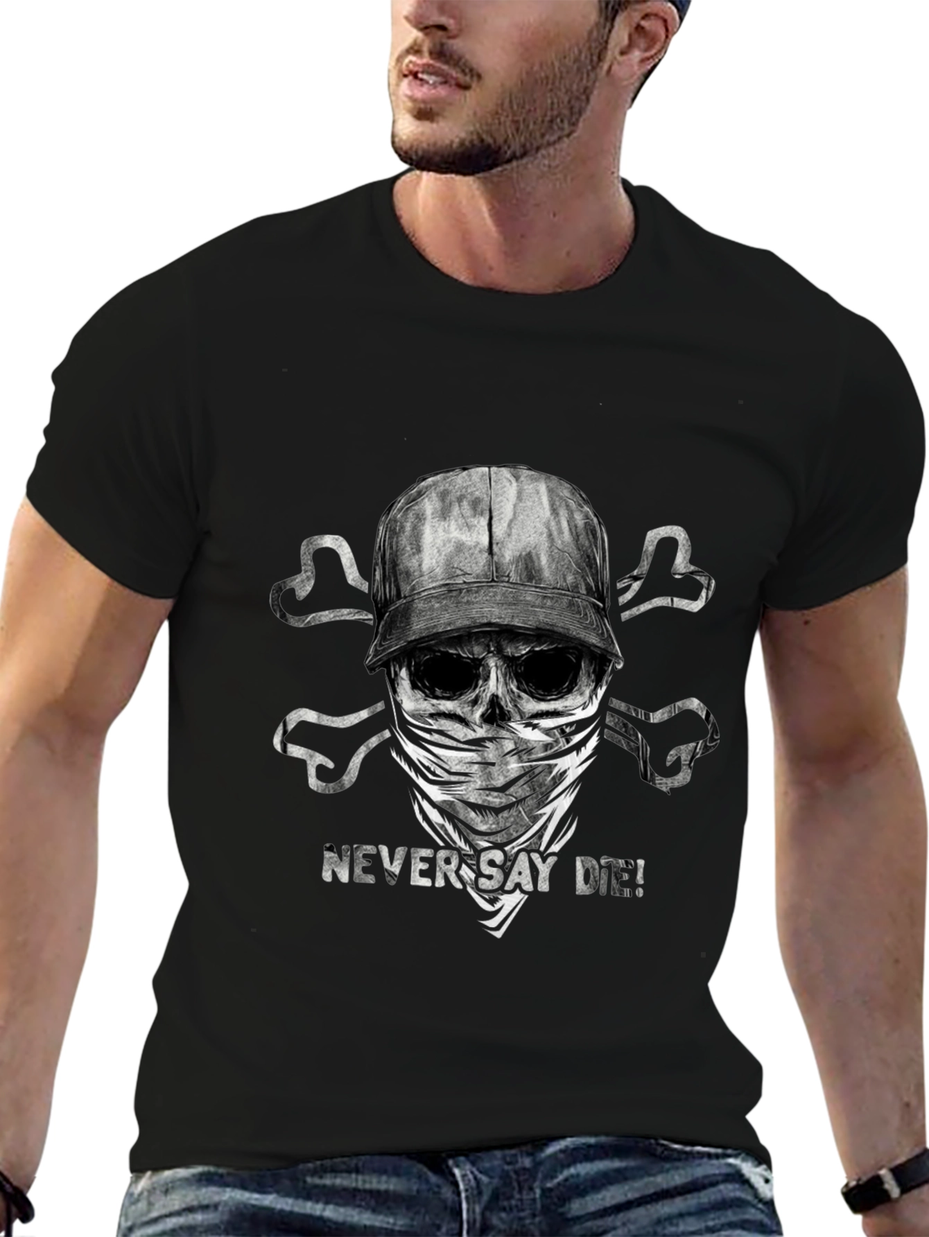 Black Never Say Die T-Shirt - Skull & Crossbones Design view 6
