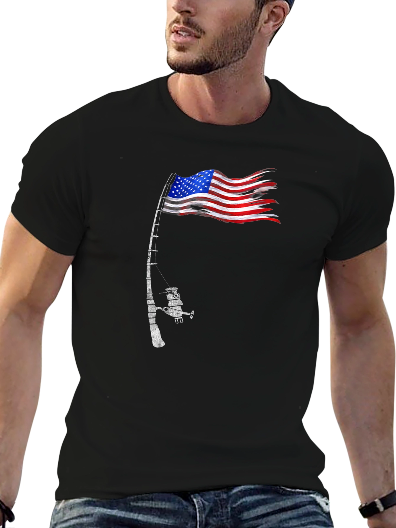 Black American Flag Fishing T-Shirt - Patriotic Angler view 6