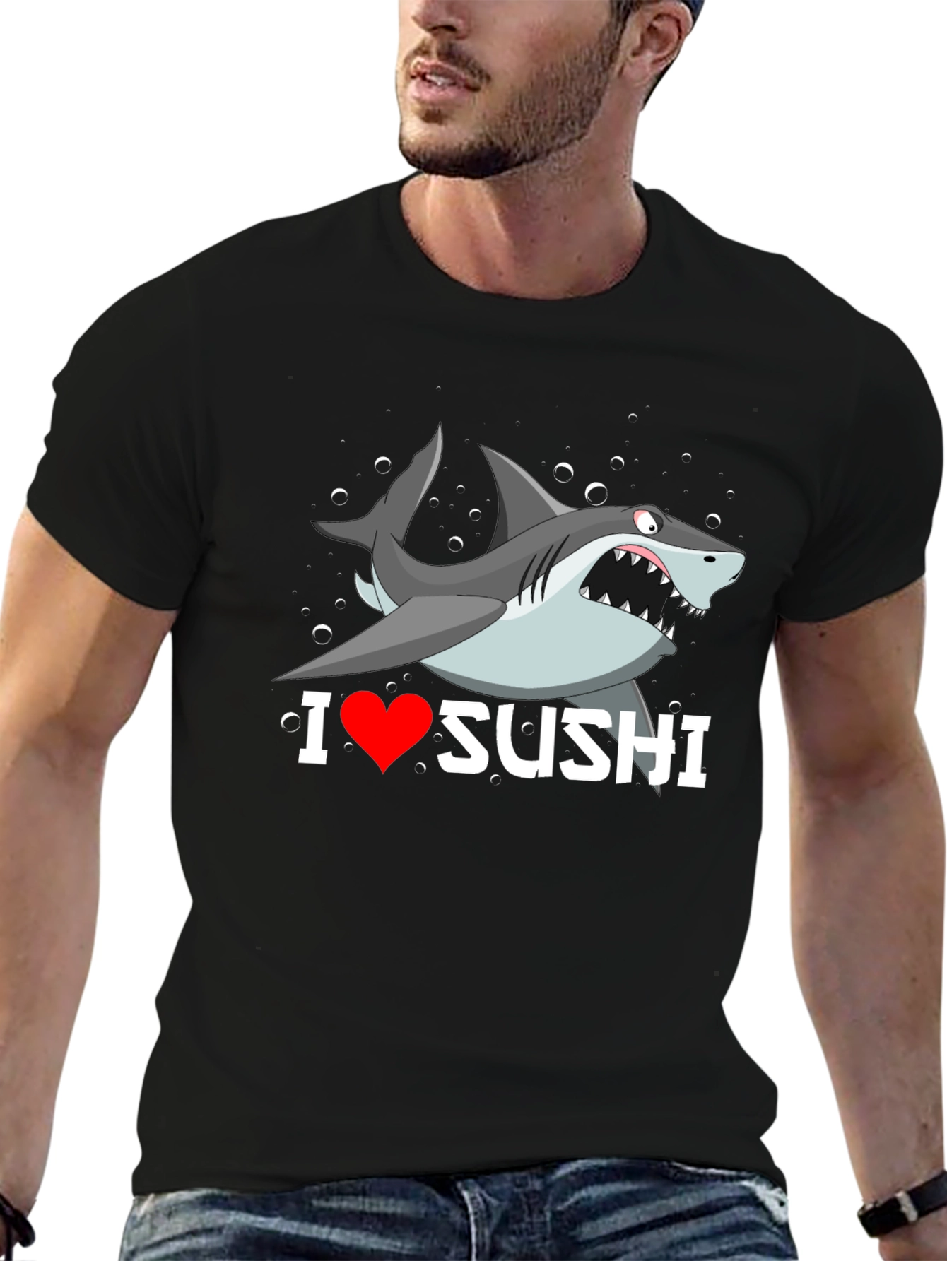 Black I Heart Sushi Shark Graphic T-Shirt view 6
