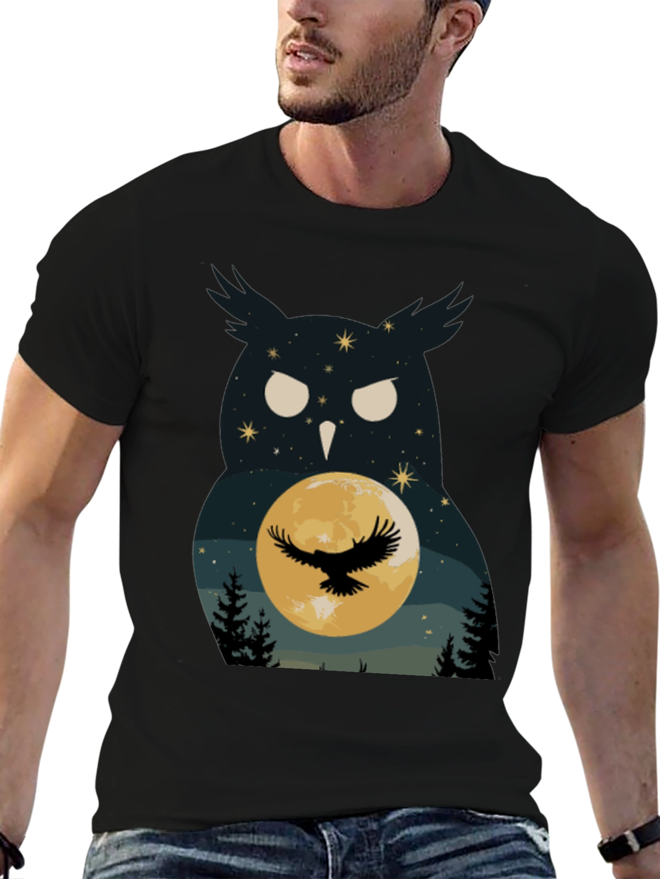 Black Owl & Moon Graphic Tee - Night Sky Black T-Shirt view 6