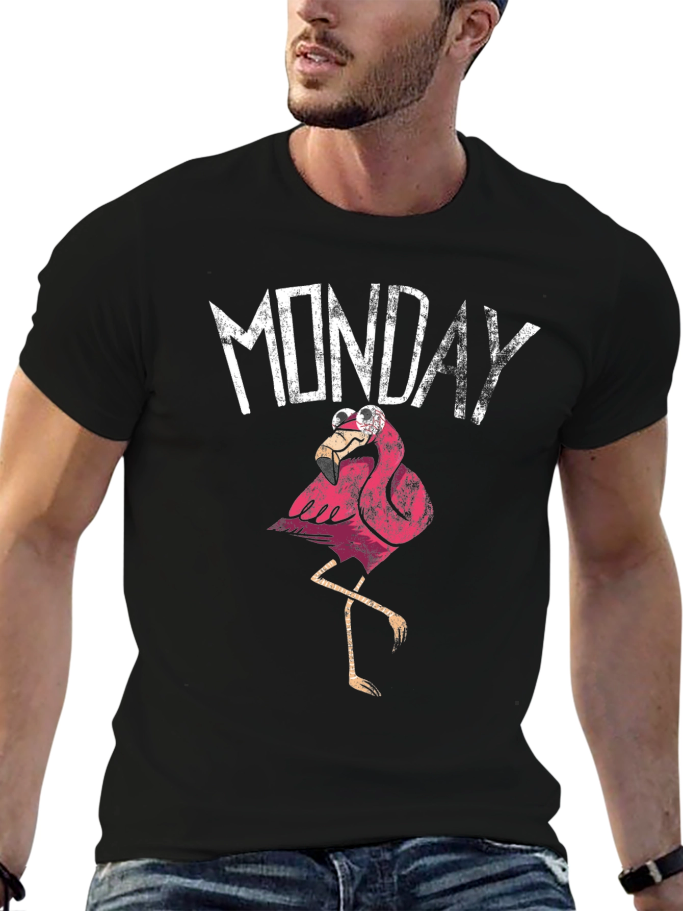 Black Funny Monday Flamingo Graphic T-Shirt - Black view 6