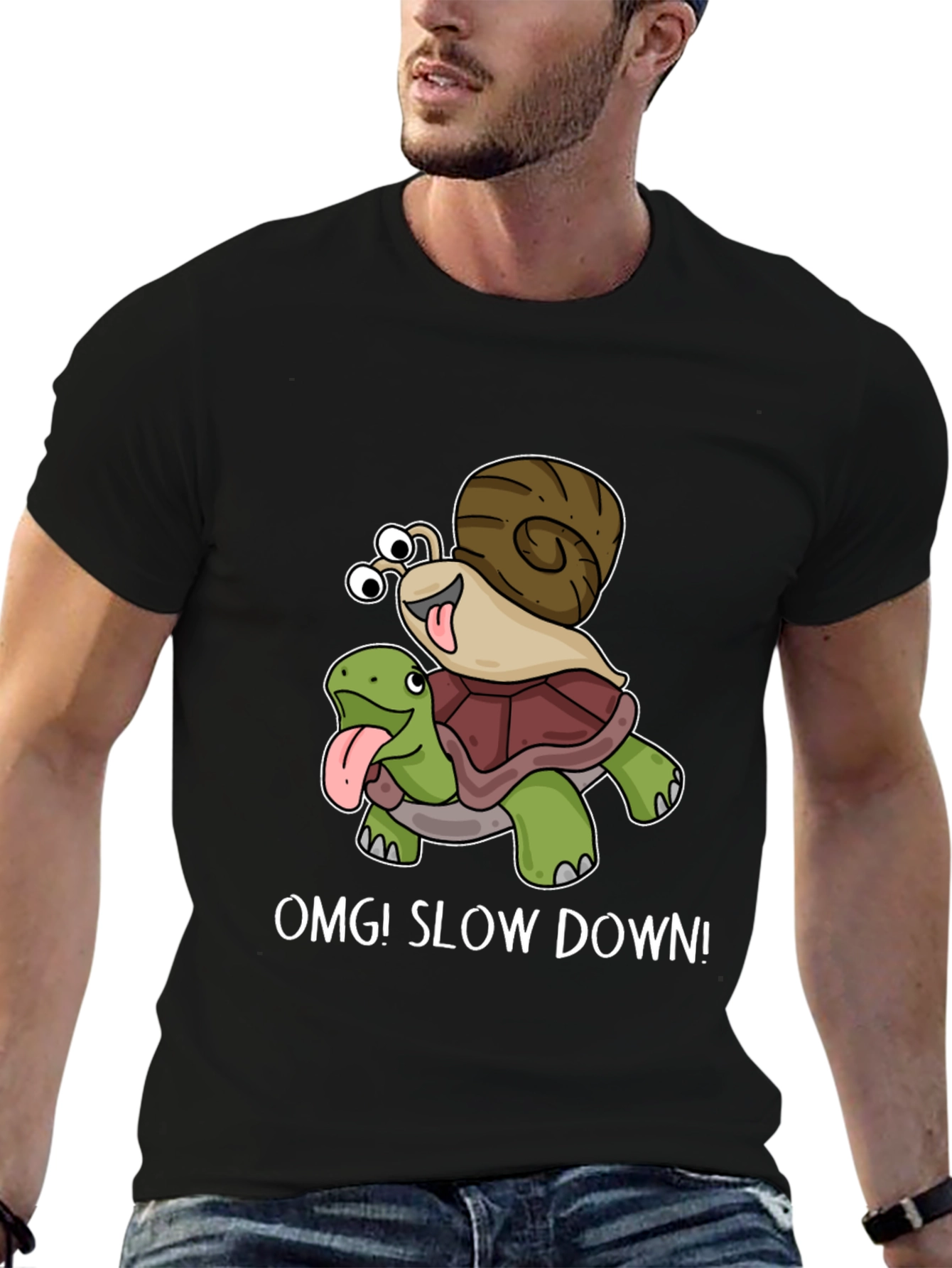 Black OMG! Slow Down T-Shirt Snail Riding Turtle view 6