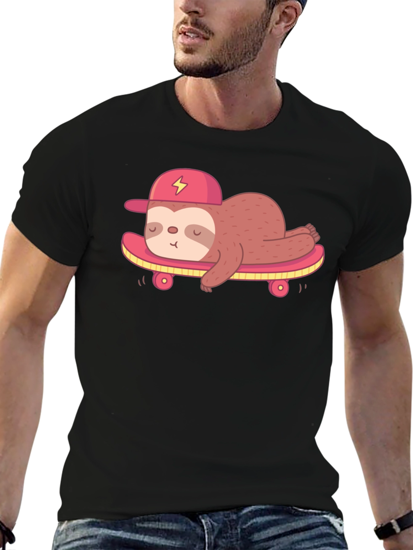 Black Cool Sloth Skateboard Graphic Tee view 6