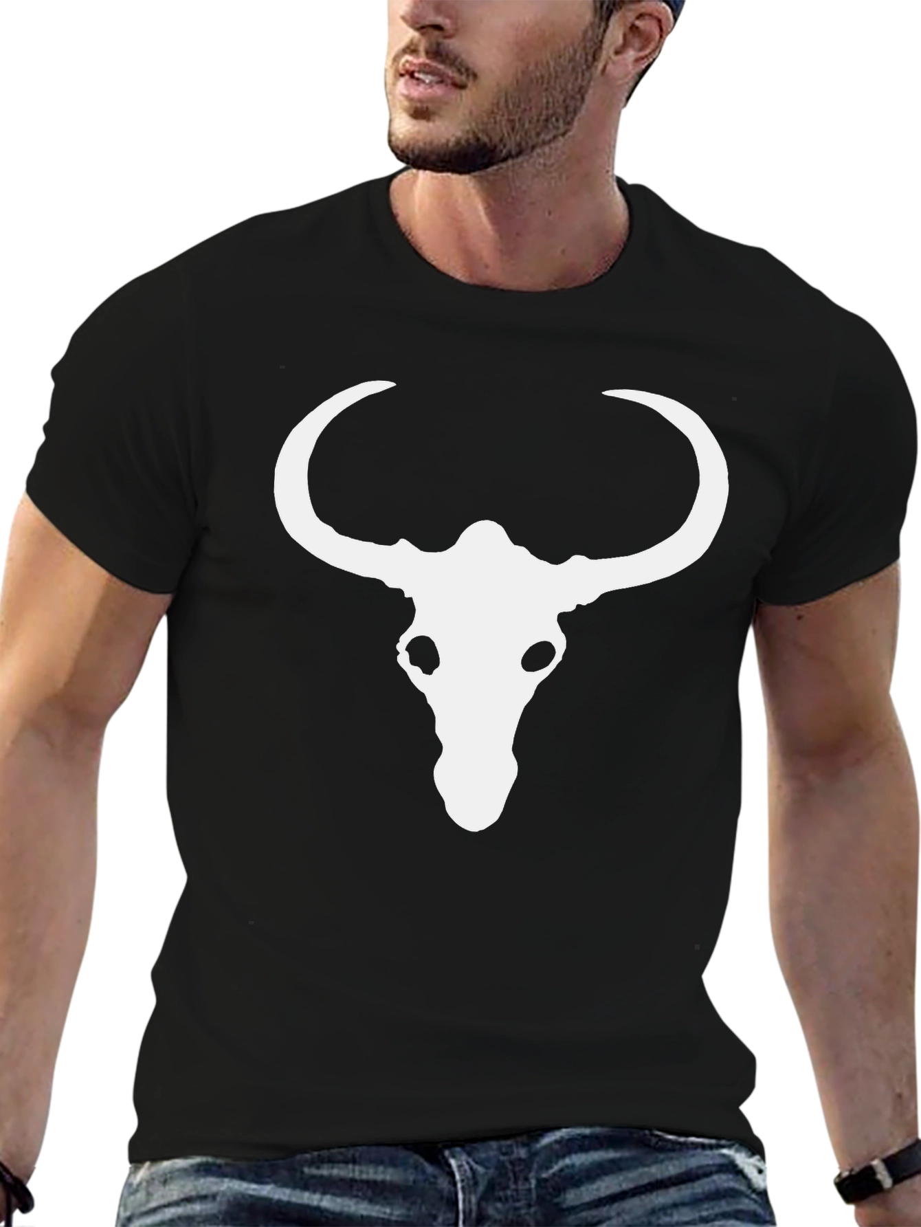 Black Skull Horn Graphic Tee - Black Cotton Blend Casual T-Shirt view 6