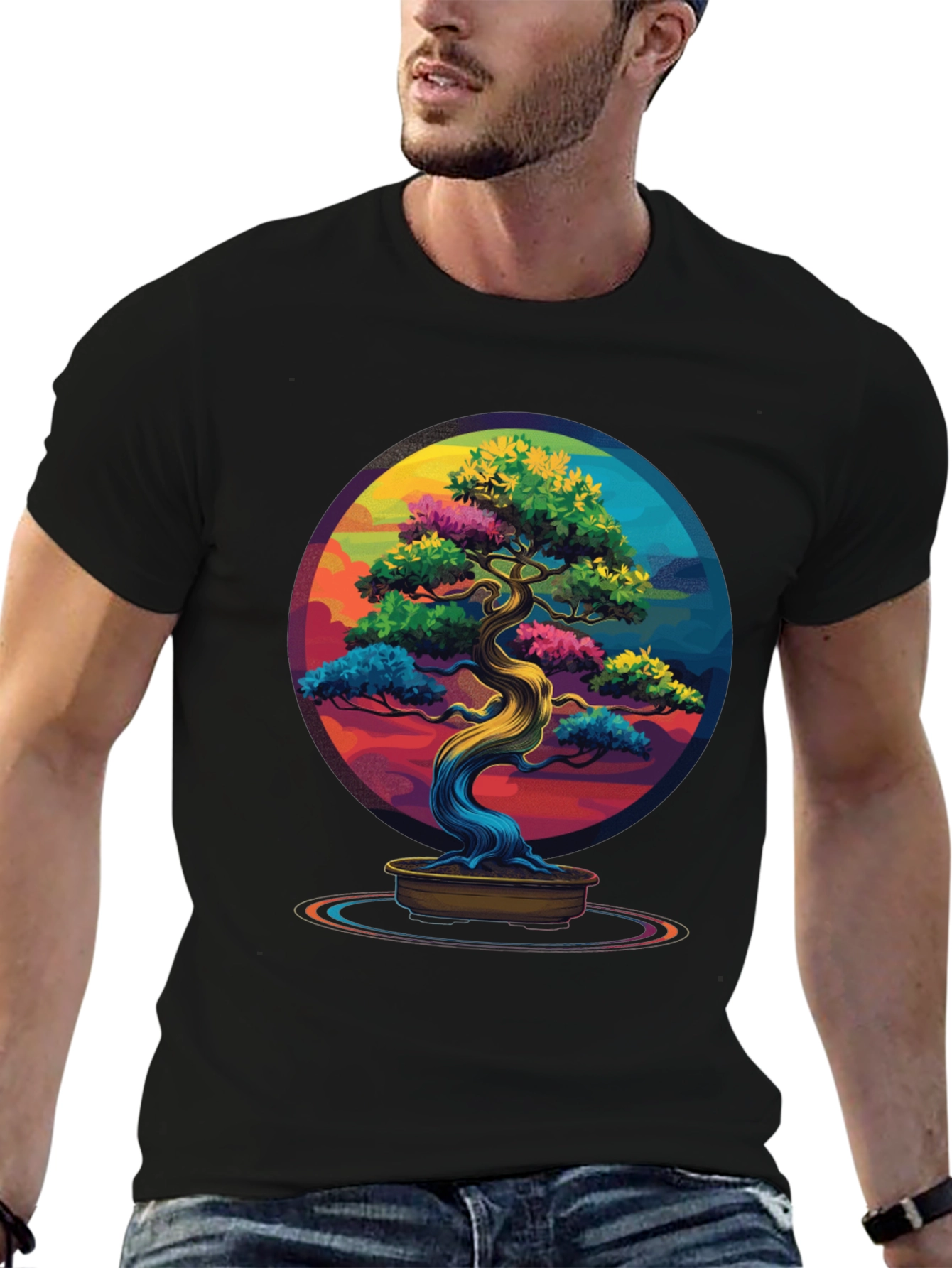 Black Colorful Bonsai Tree Graphic Tee - Unique Design view 6