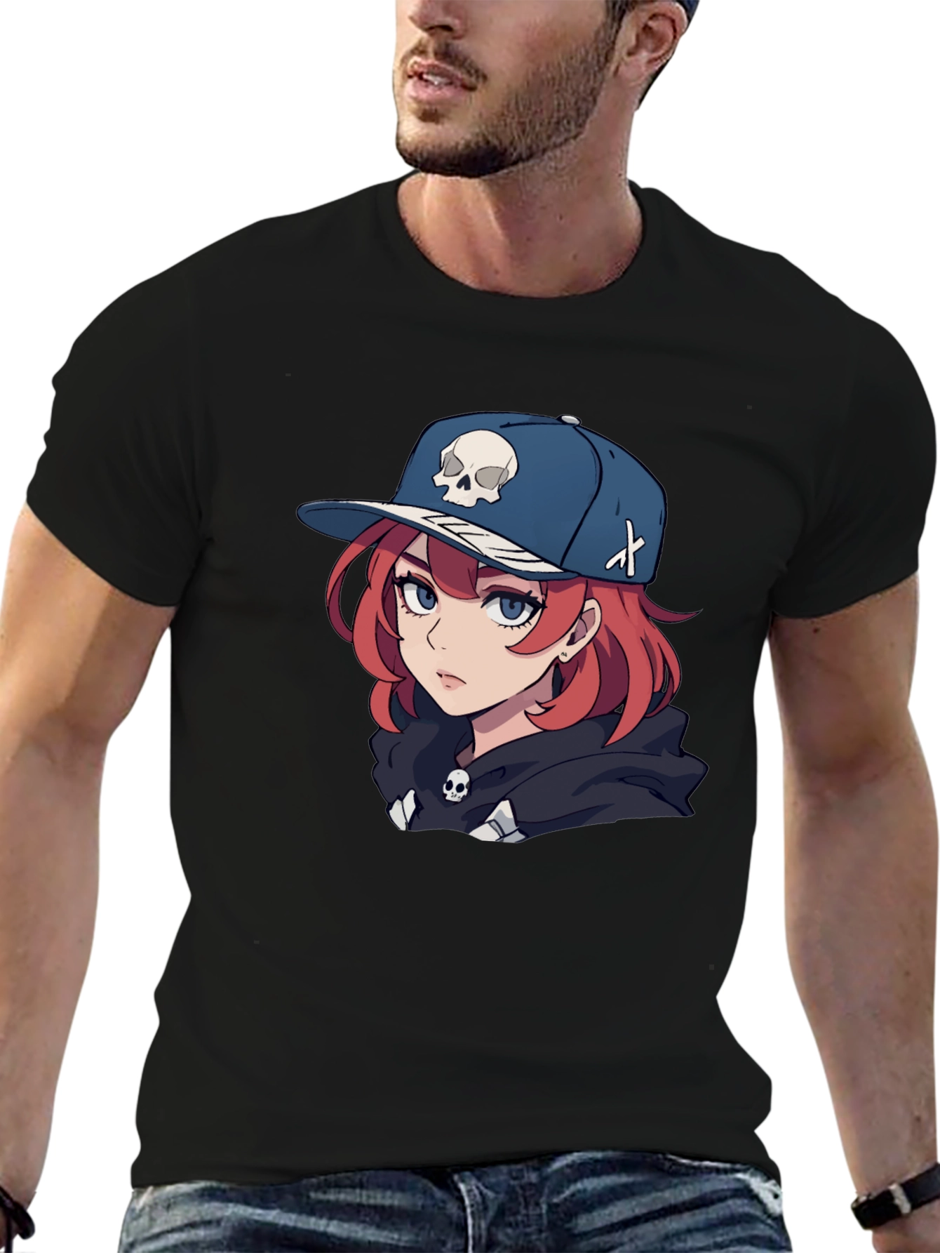 Black Anime Girl Skull Hat Graphic Black T-Shirt view 6