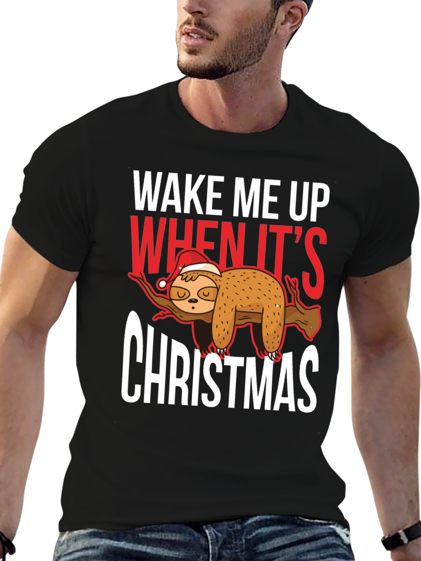 Black Wake Me Up When It's Christmas Sloth T-Shirt view 6
