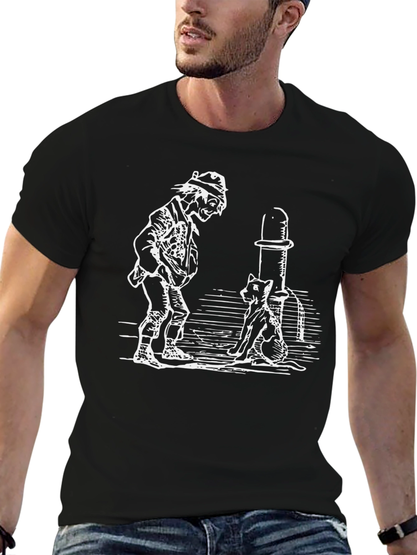 Black Man and Cat Drinking Fountain Black T-Shirt view 6