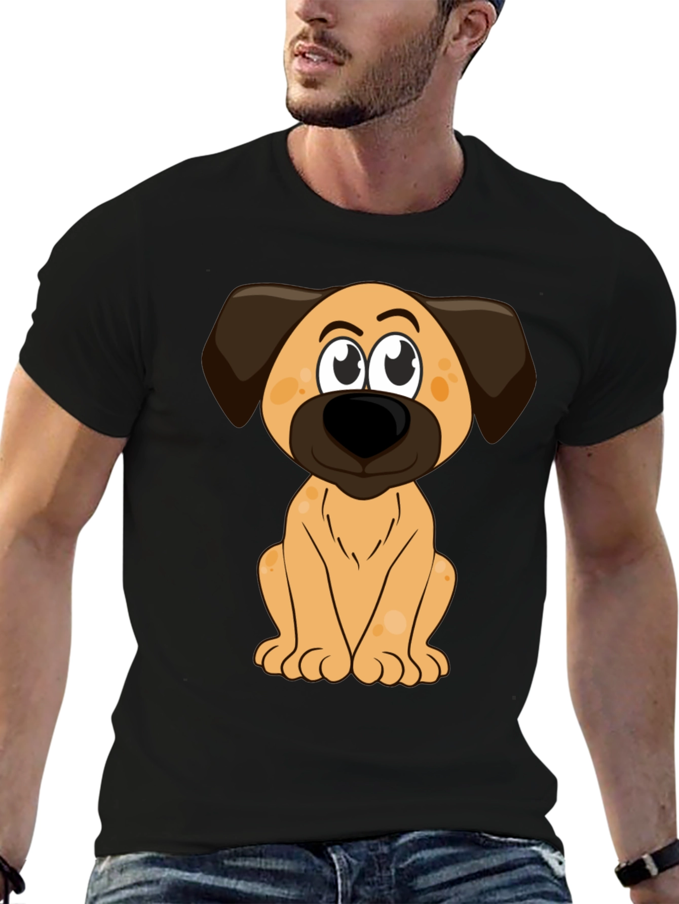 Black Cartoon Dog Print Black T-Shirt view 6