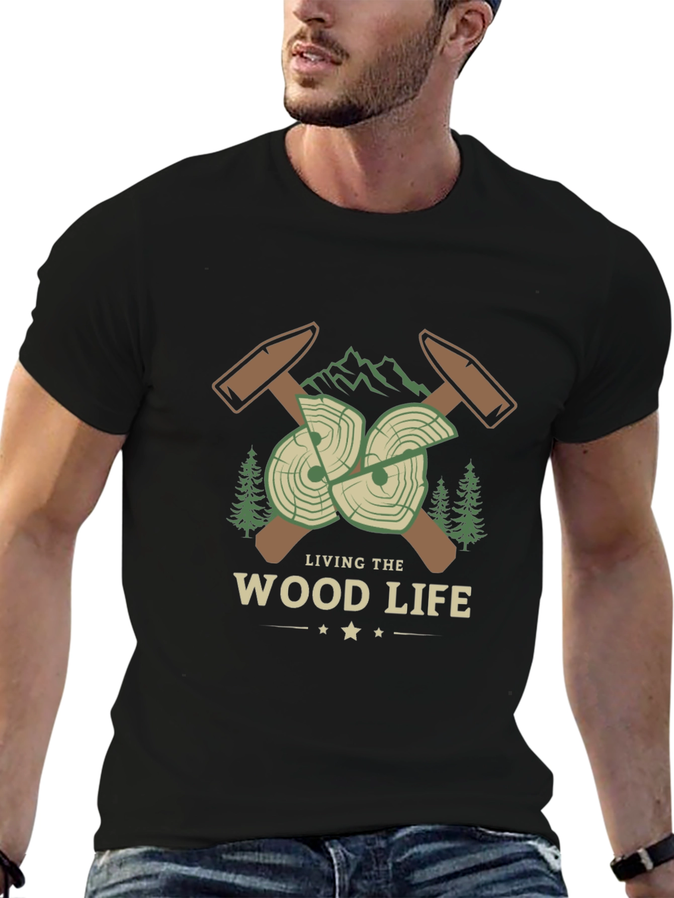 Black Living the Wood Life T-Shirt - Lumberjack Design view 6