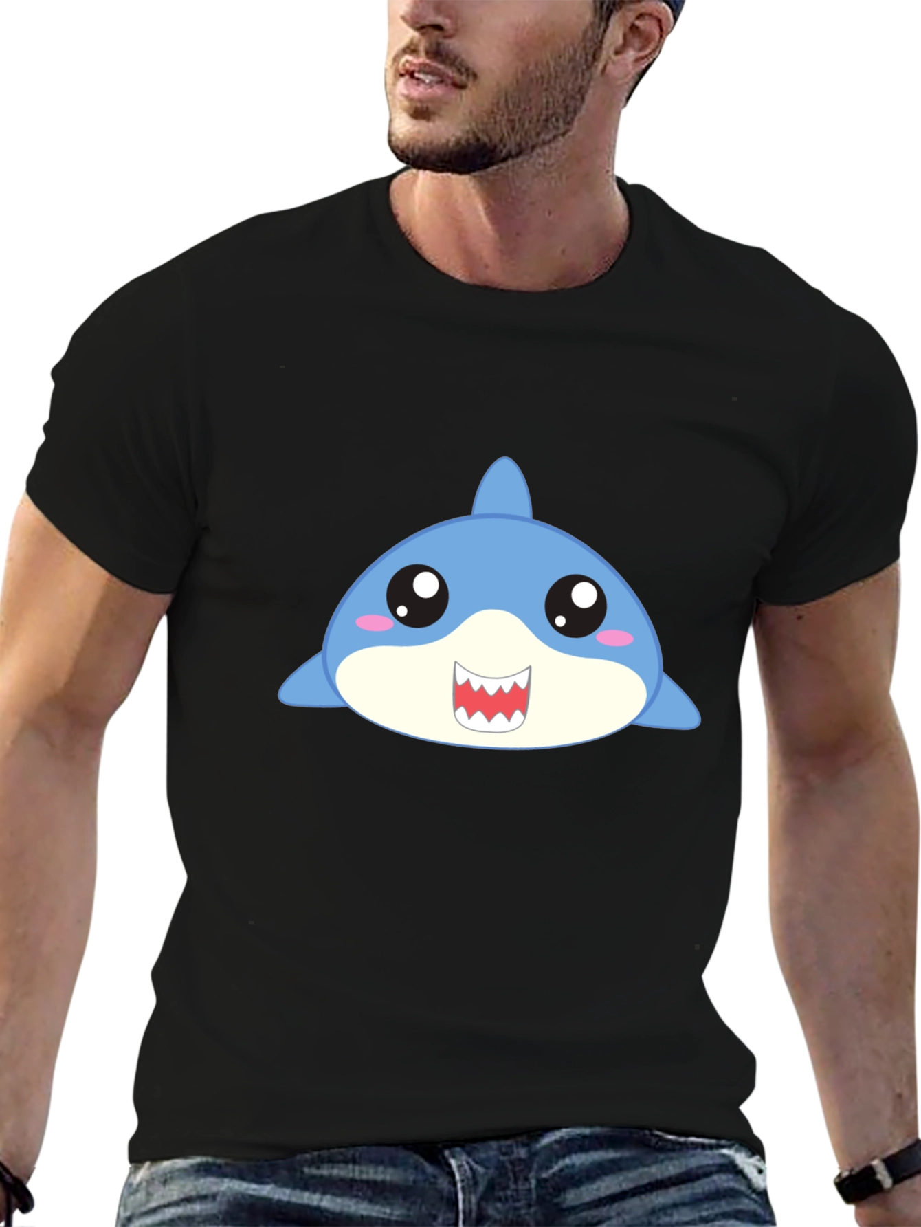 Black Cute Cartoon Shark Graphic Black T-Shirt view 6