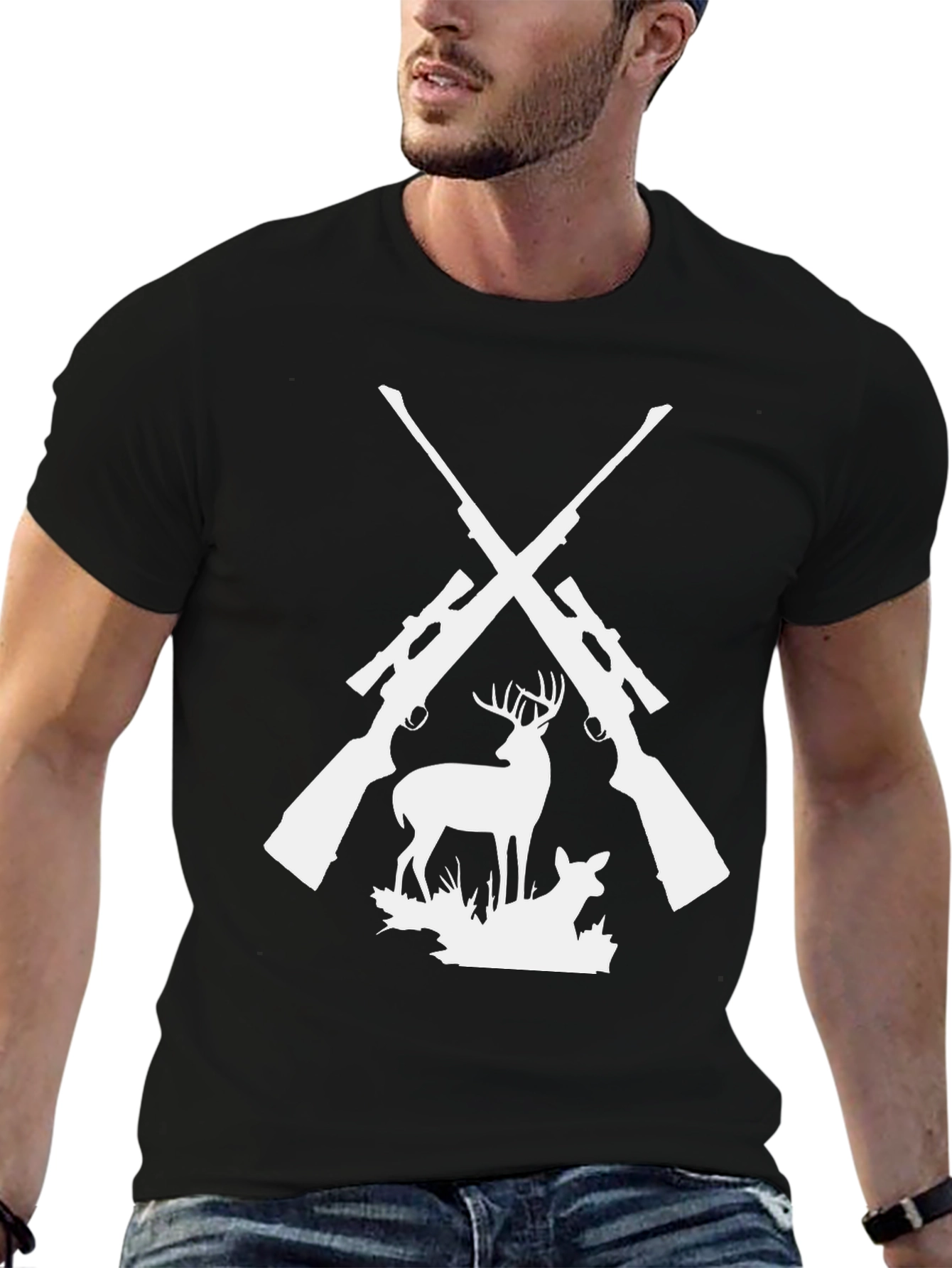 Black Hunting Graphic Tee - Deer & Rifles Design view 6