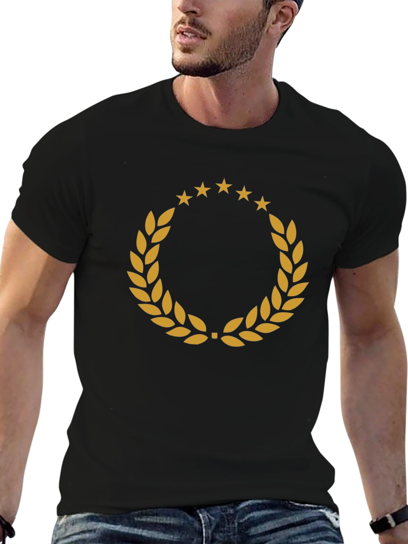 Black Stylish Laurel Wreath Graphic Tee - Classic Design view 6