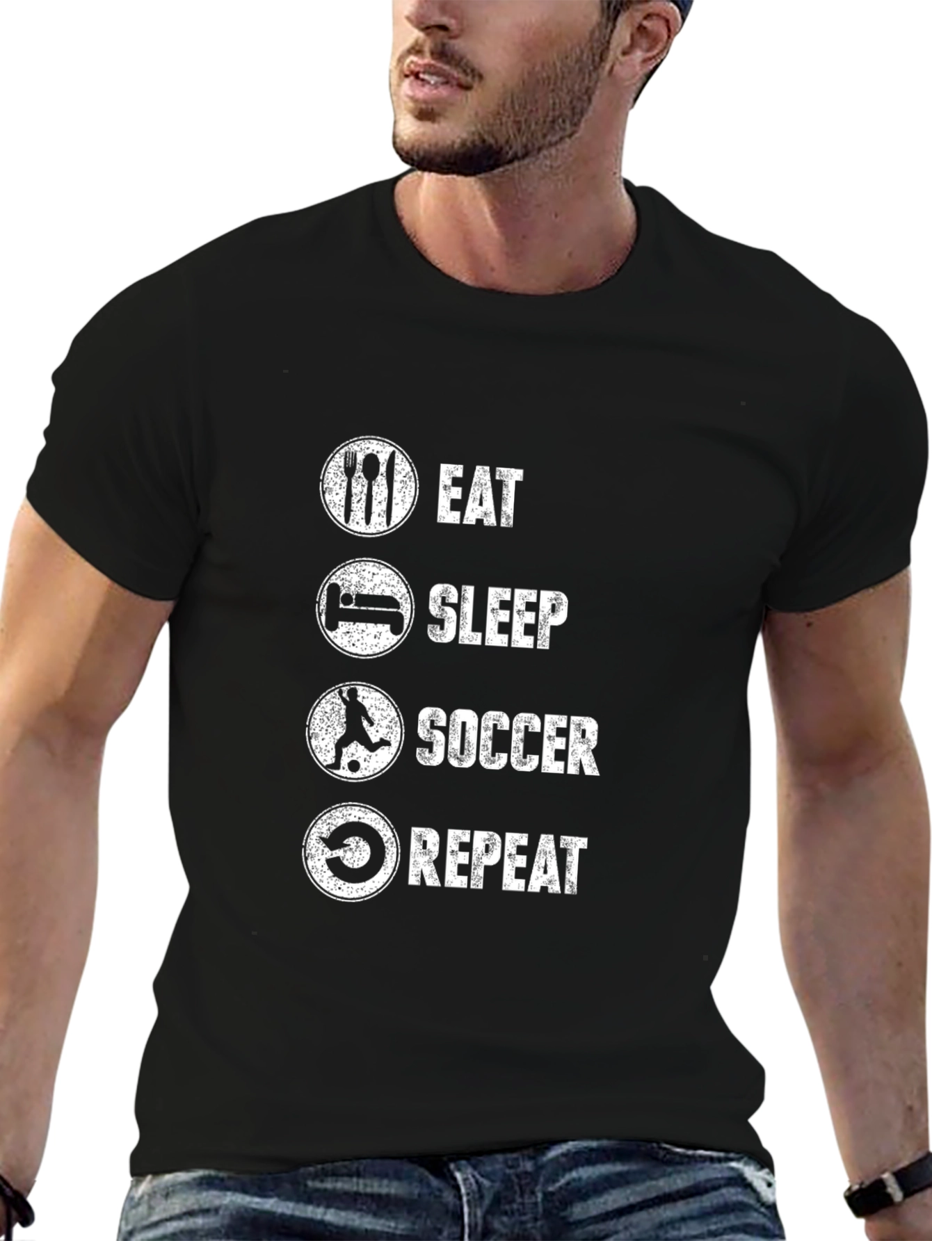 Black Eat Sleep Soccer Repeat Black Graphic T-Shirt view 6