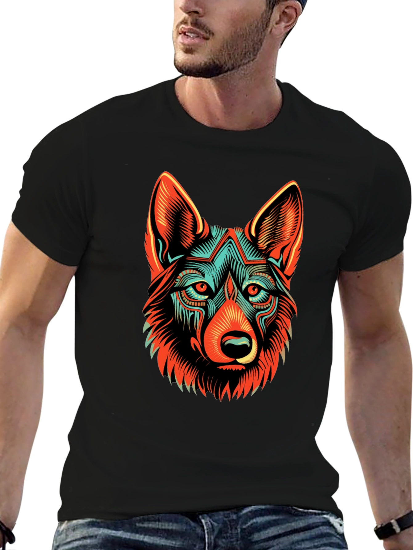 Black Abstract Wolf Graphic Black T-Shirt view 6