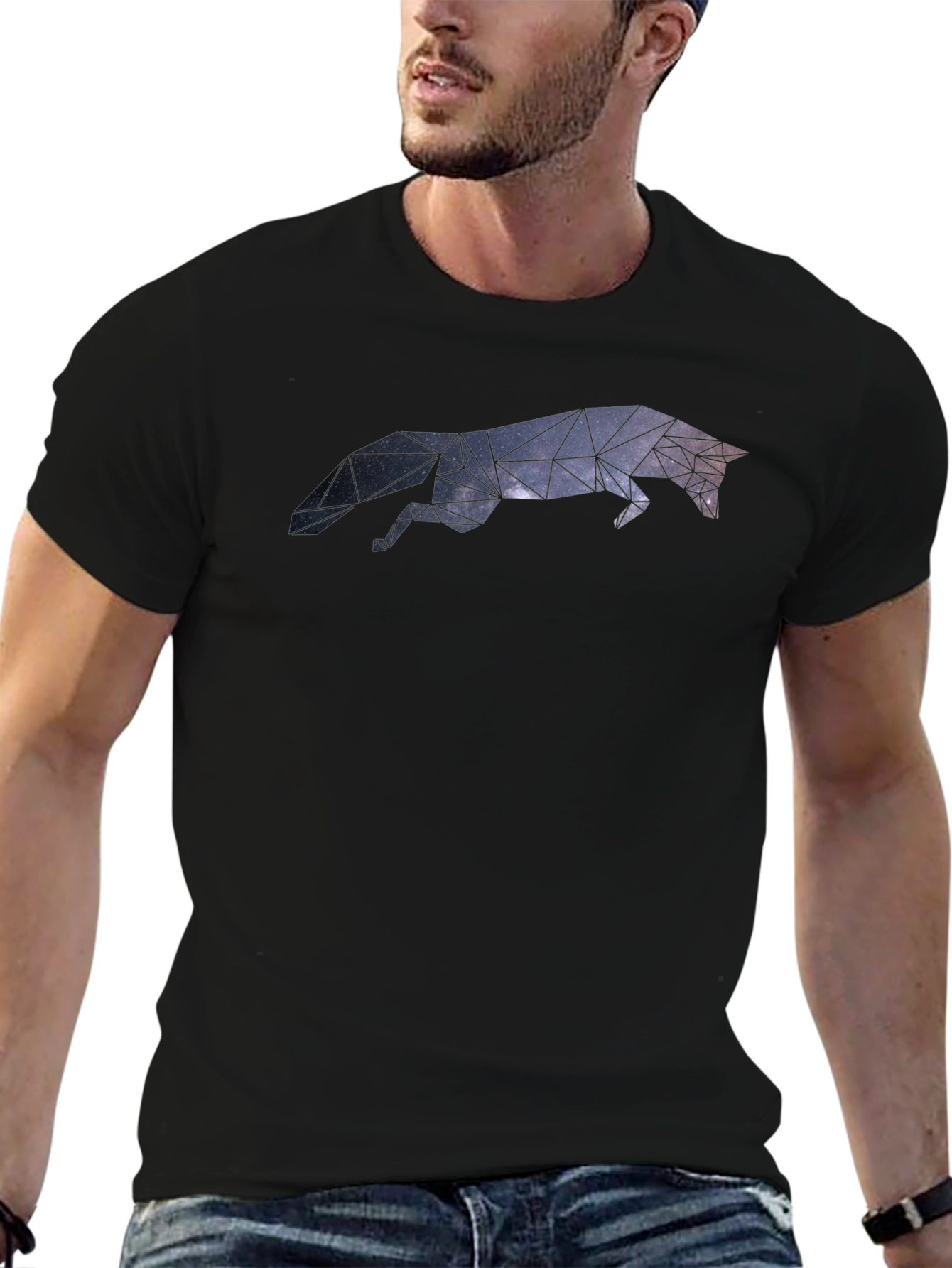Black Geometric Galaxy Fox Black T-Shirt view 6
