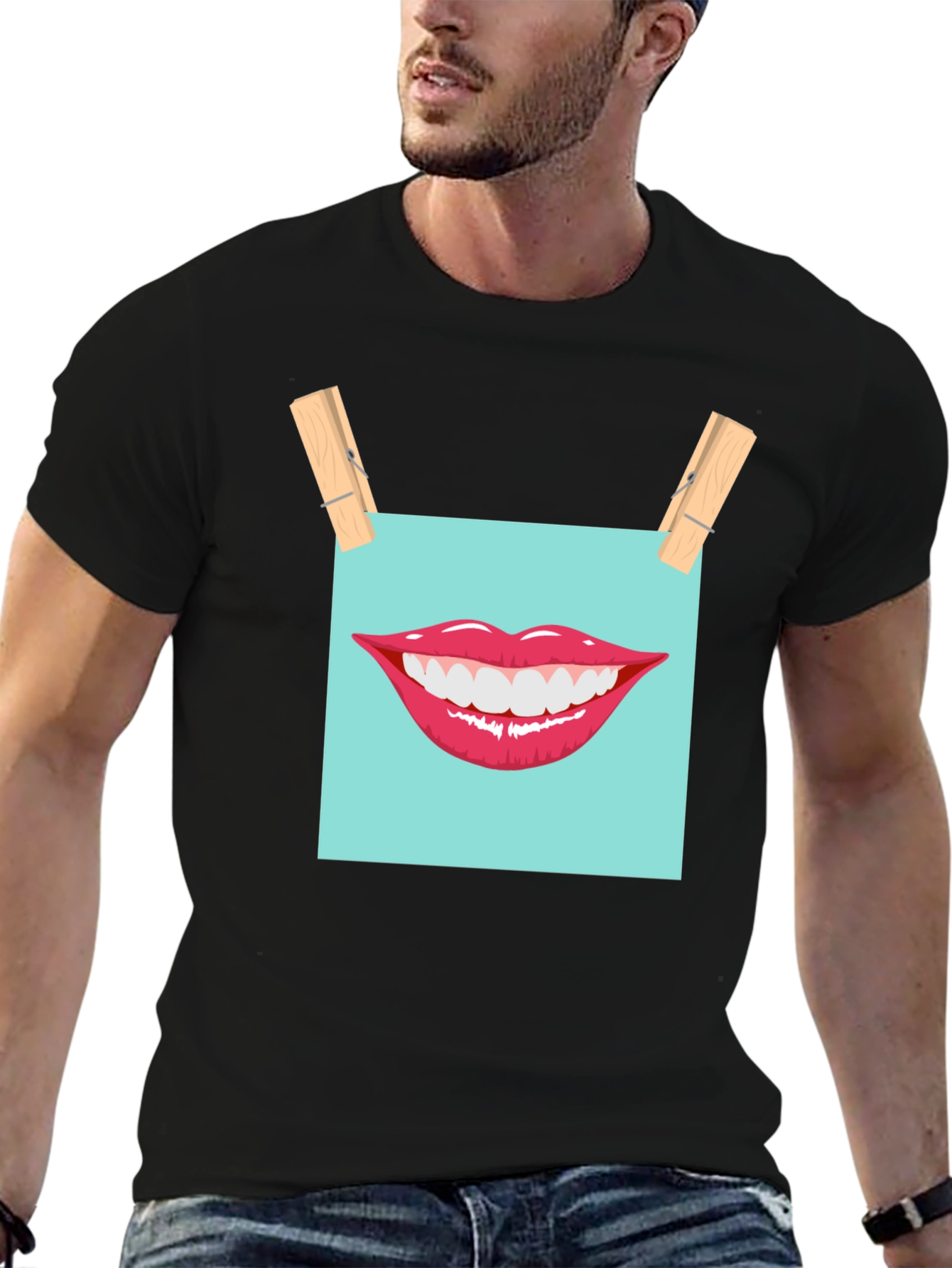 Black Smiling Lips Graphic T-Shirt - Casual Wear view 6