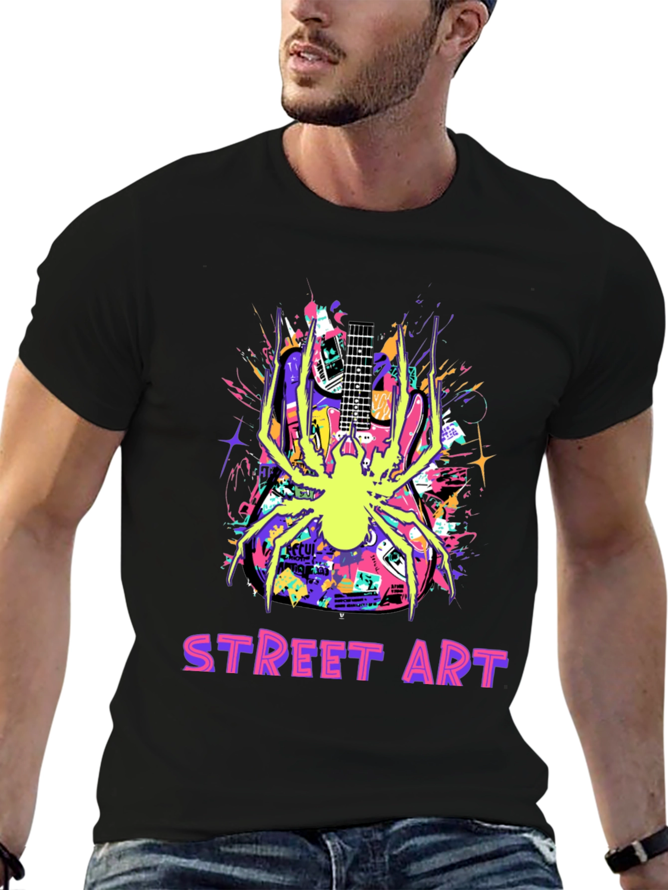 Black Street Art Guitar Spider Graphic T-Shirt view 6