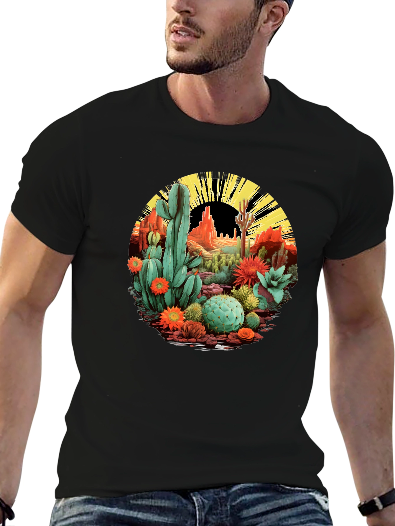 Black Desert Cactus Graphic T-Shirt - Black Cotton Tee view 6
