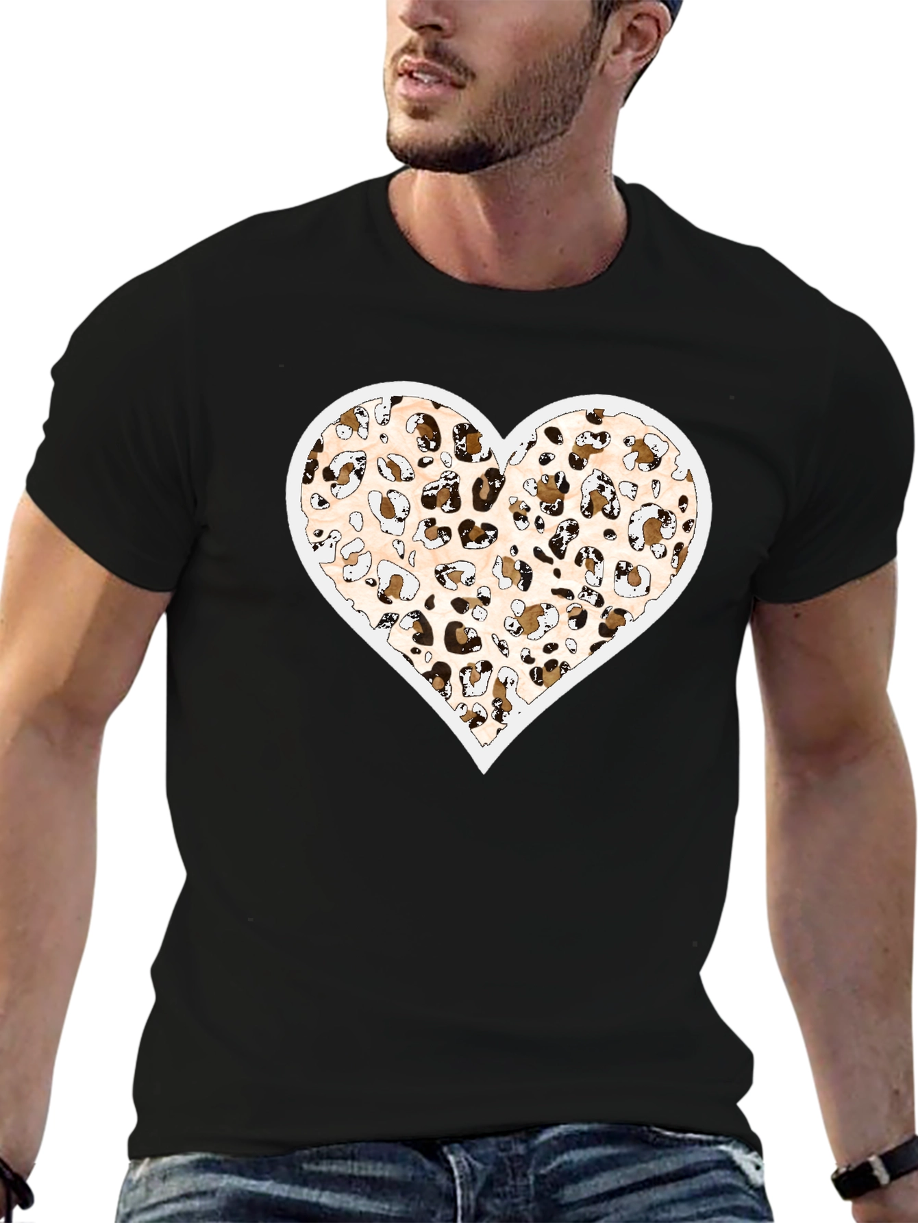 Black Leopard Print Heart Graphic Black Tee Shirt view 6