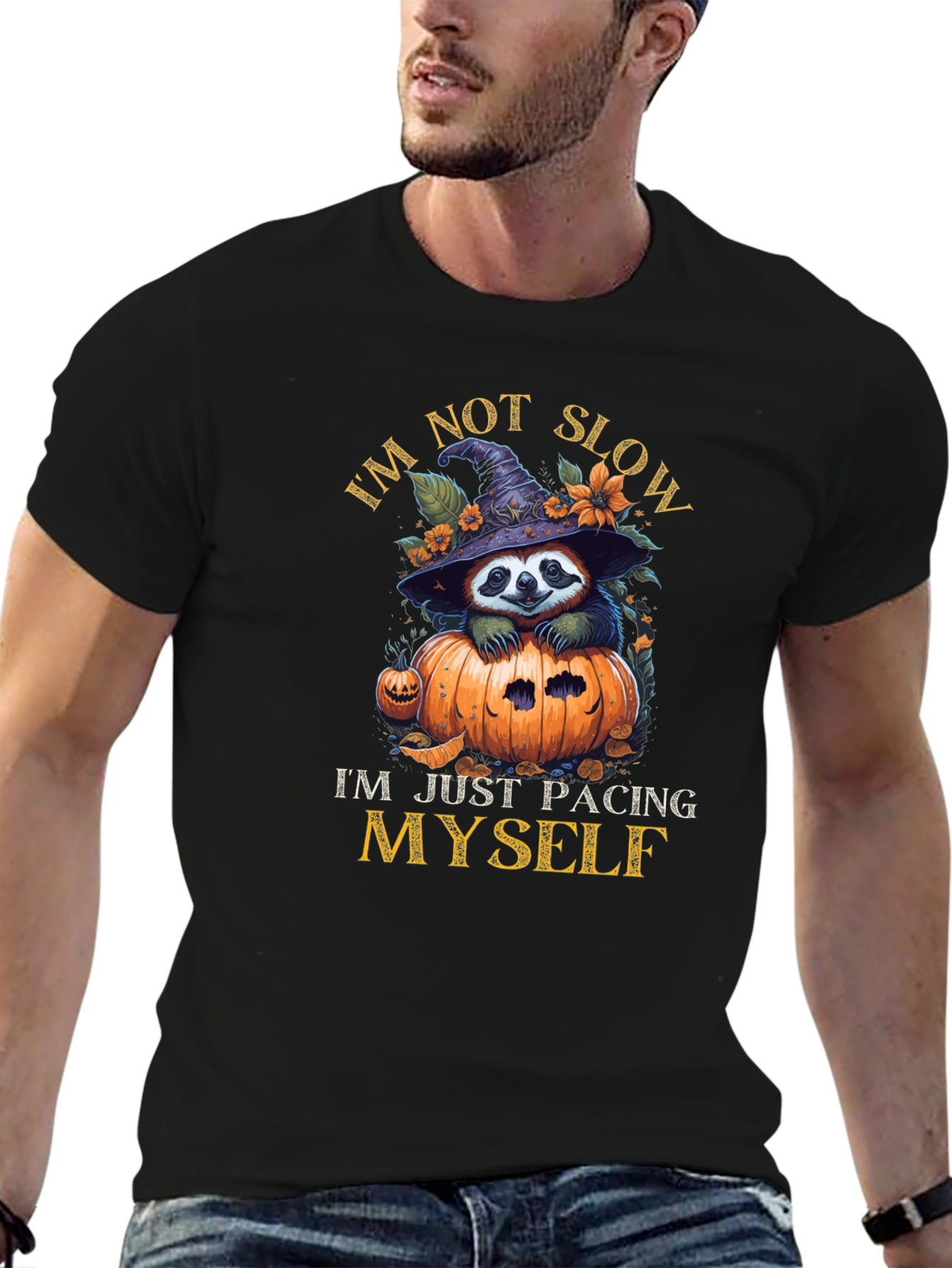 Black Funny Sloth Halloween T-Shirt - I'm Not Slow Pacing Myself view 6