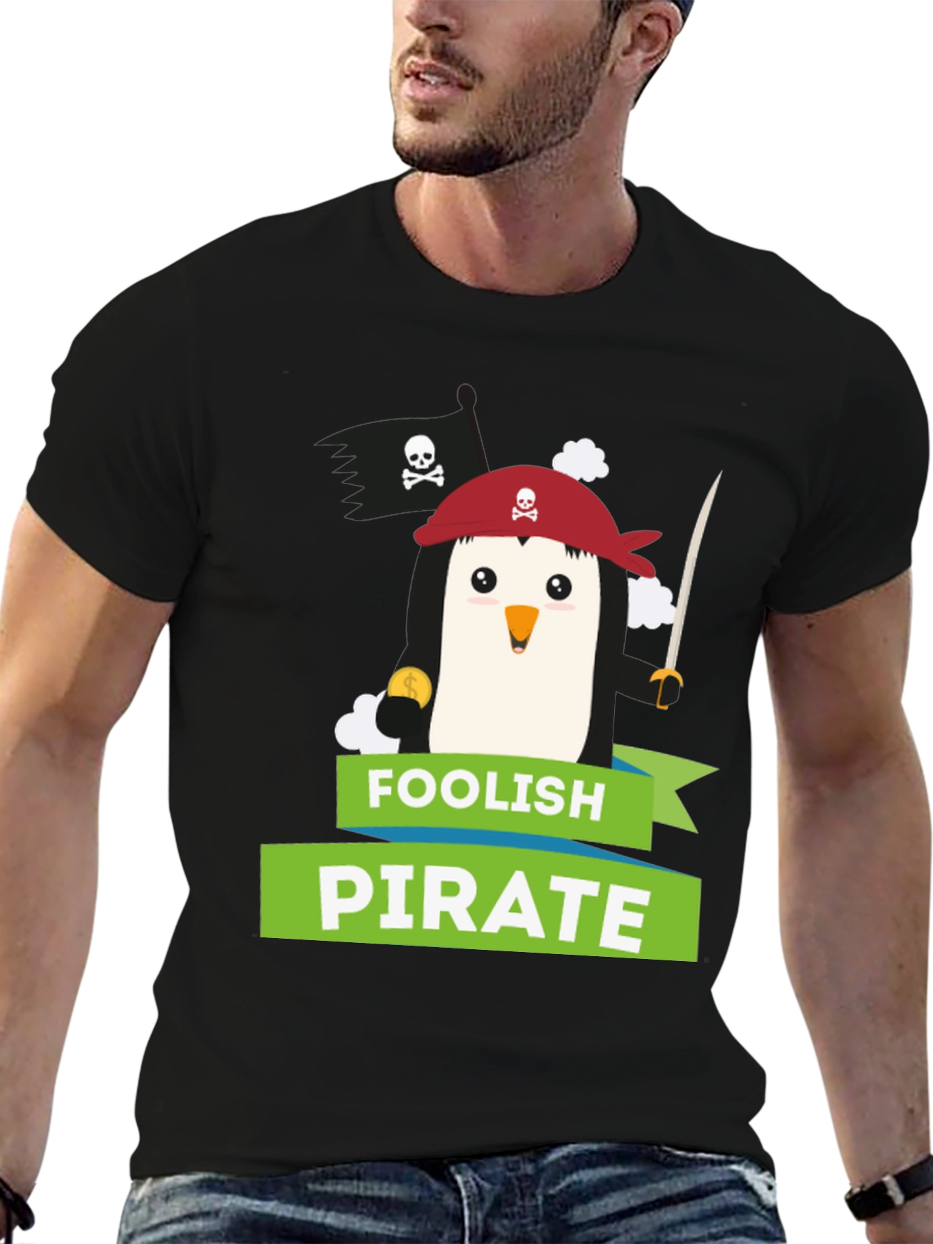 Black Foolish Pirate Penguin Graphic T-Shirt view 6