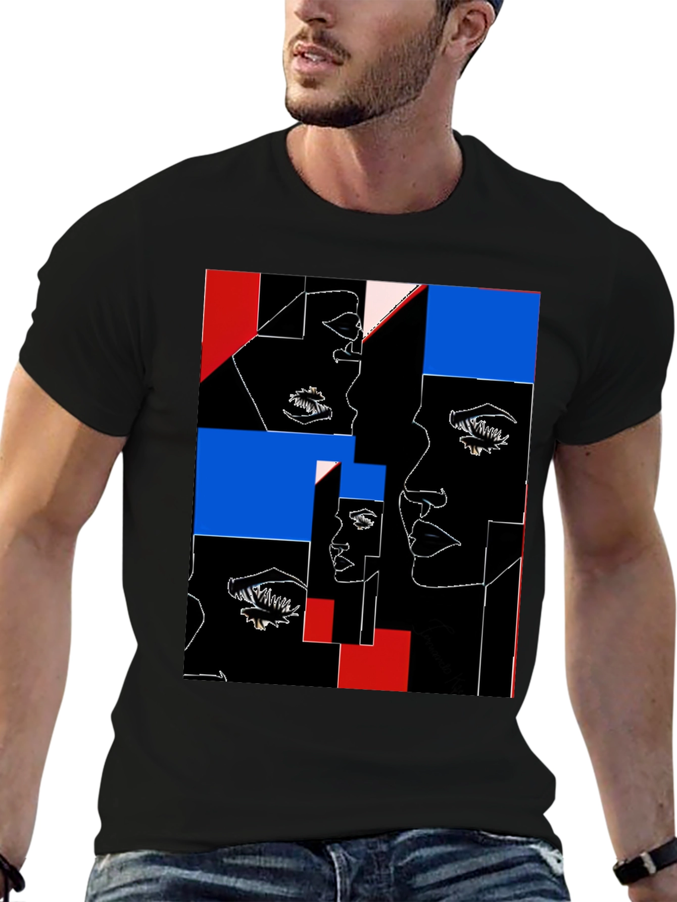 Abstract Faces Graphic Black T-Shirt - 6