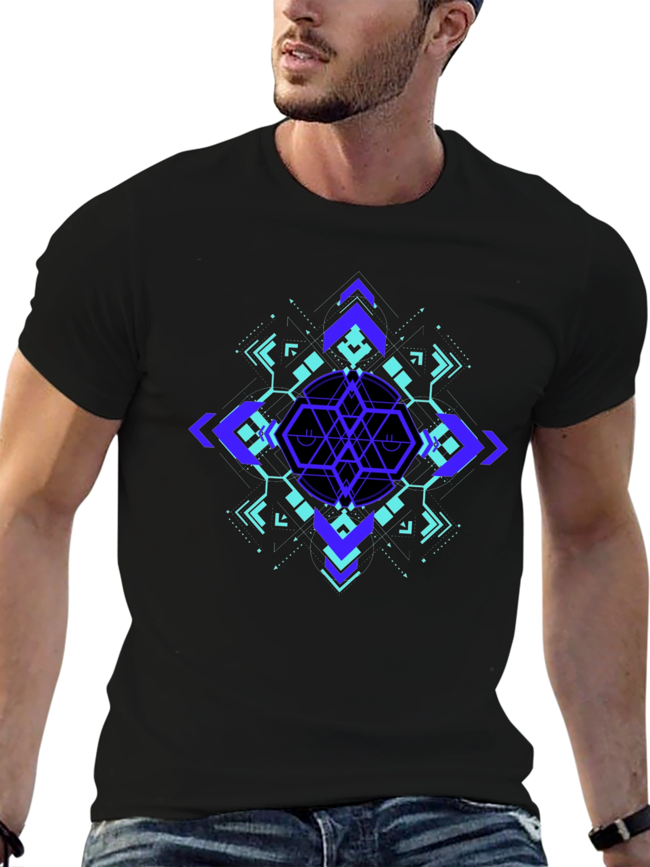 Black Geometric Design Black T-Shirt view 6