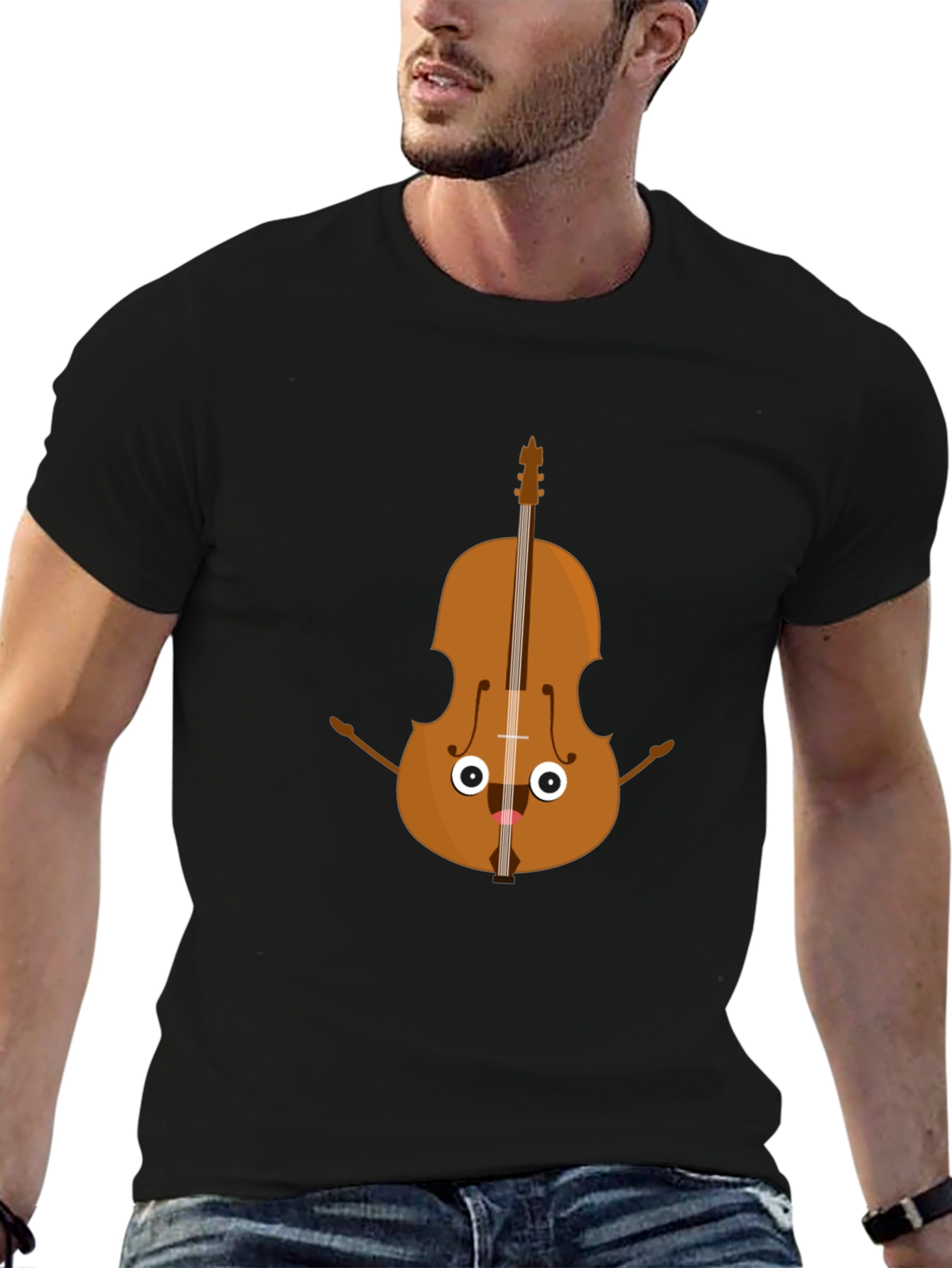 Black Funny Cartoon Cello Musician Graphic Tee view 6