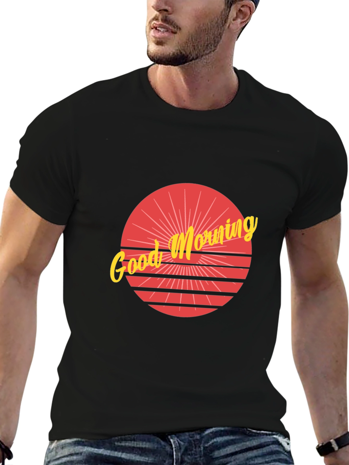 Black Good Morning Graphic Tee - Retro Sunrise Design view 6
