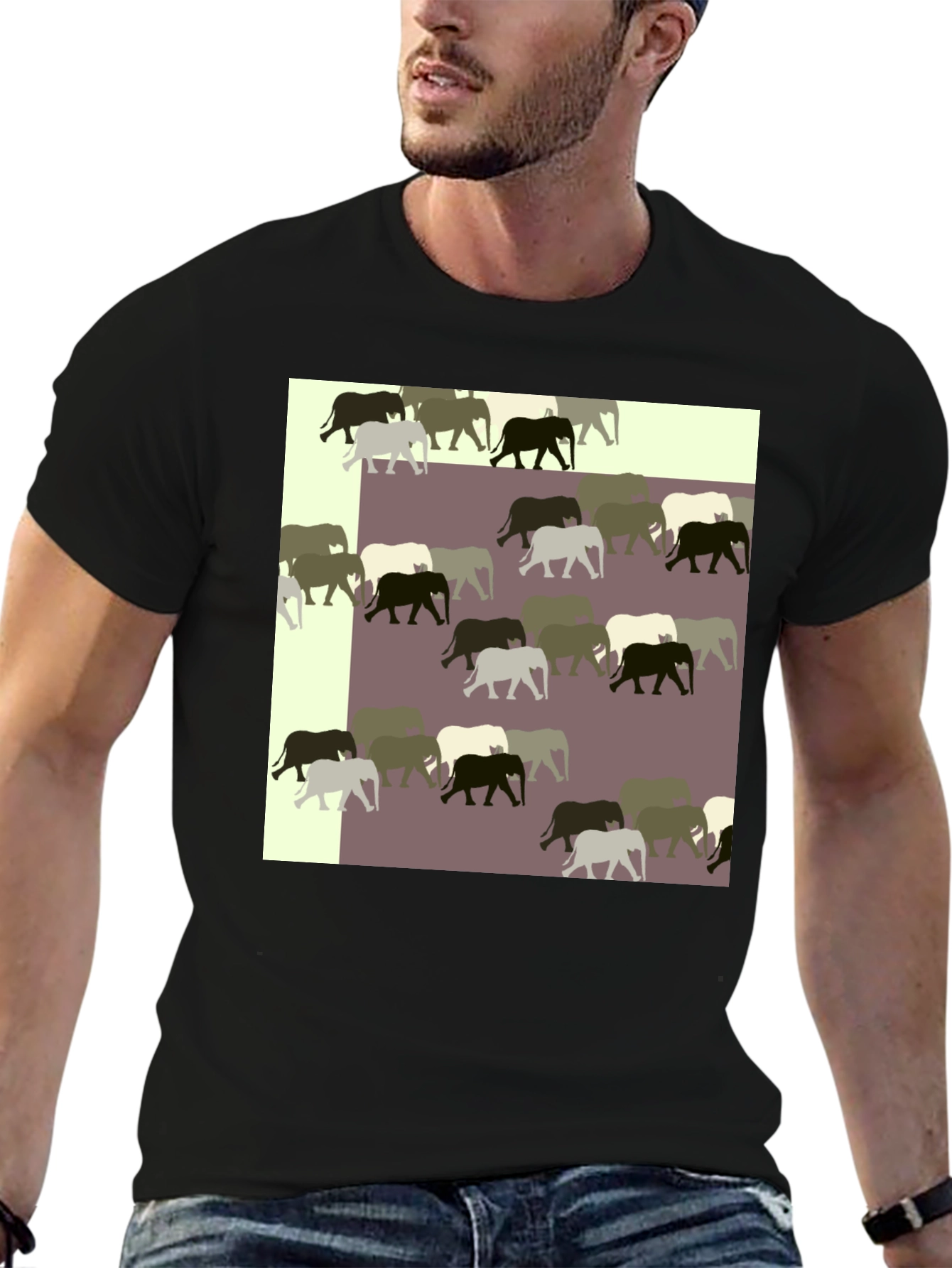 Black Elephant Pattern Black T-Shirt view 6
