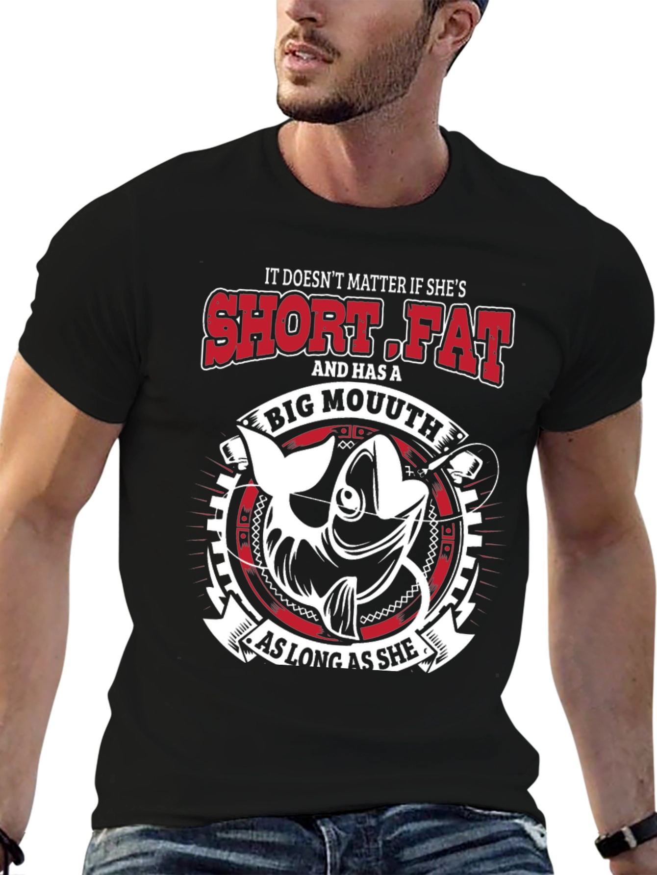 Black Funny Fishing T-Shirt - Short Fat Big Mouth Design view 6