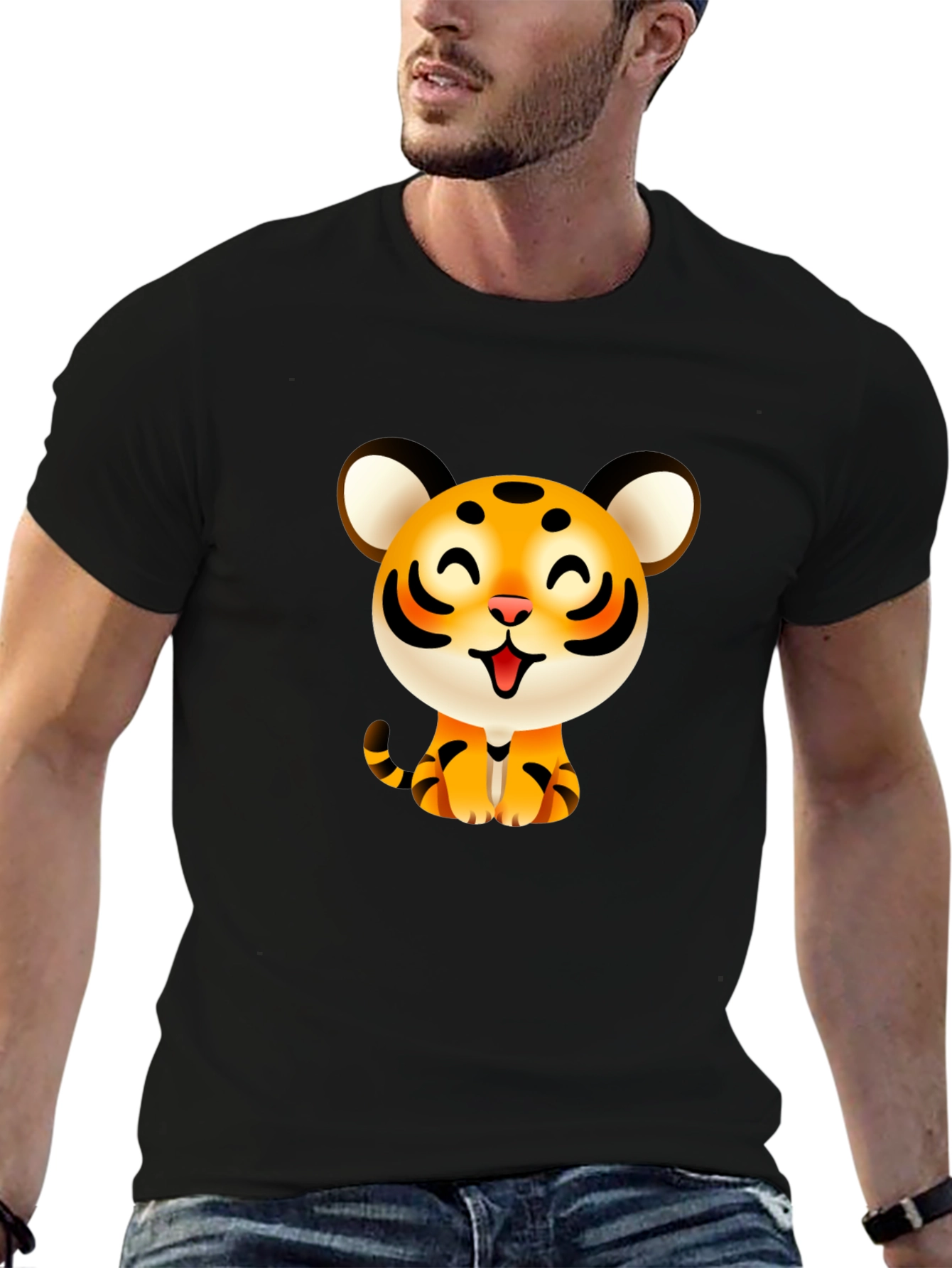 Black Cute Cartoon Tiger Graphic Tee - Black view 6