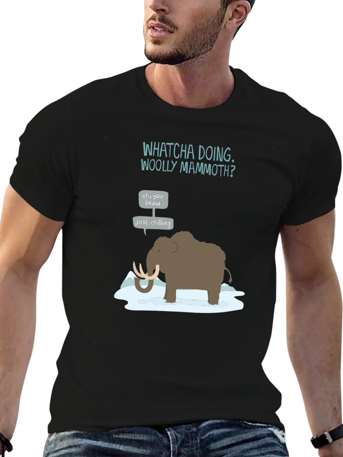 Black Whatcha Doing Woolly Mammoth? Graphic Tee view 6