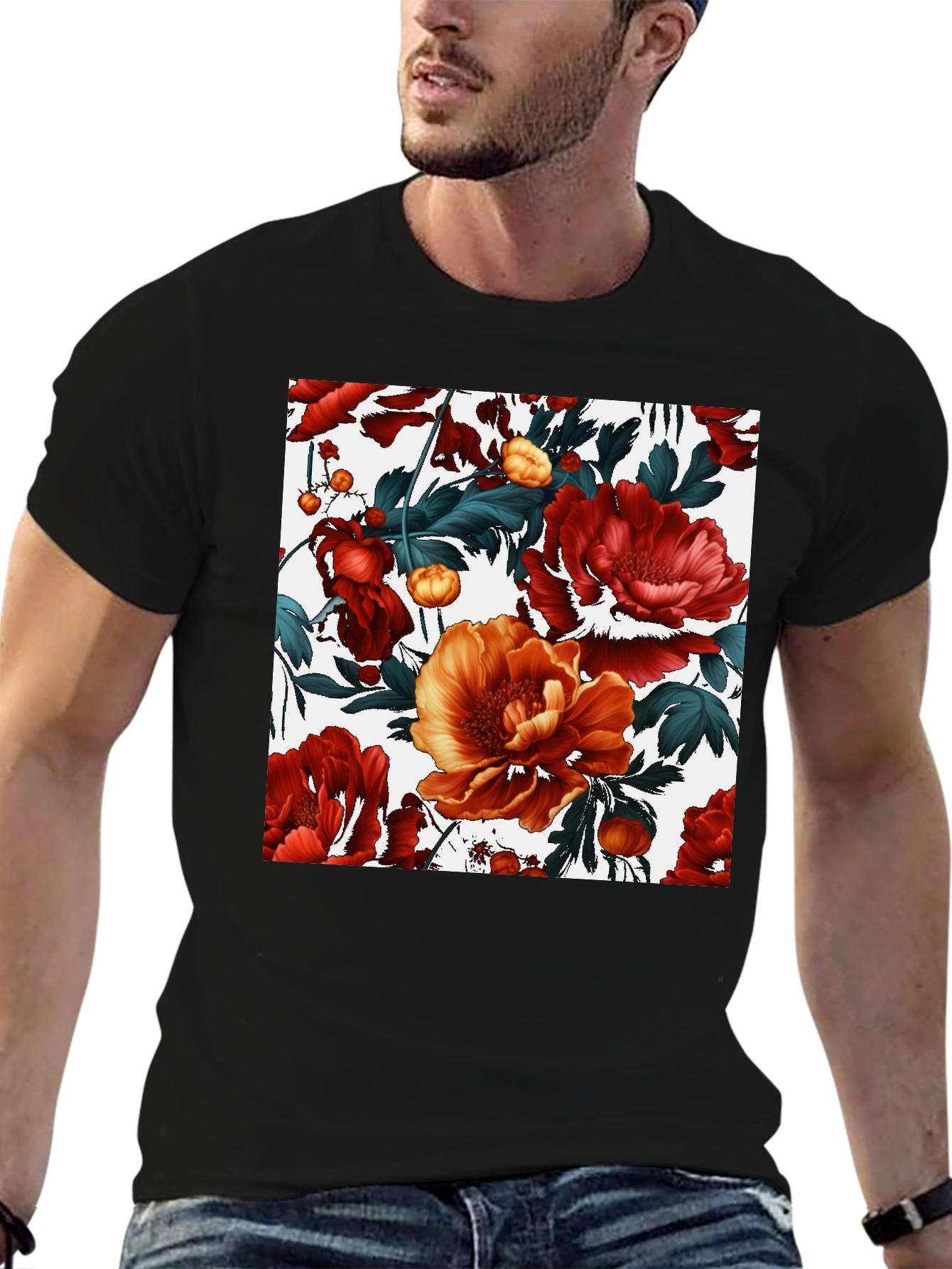 Black Floral Print Black Crew Neck T-Shirt view 6