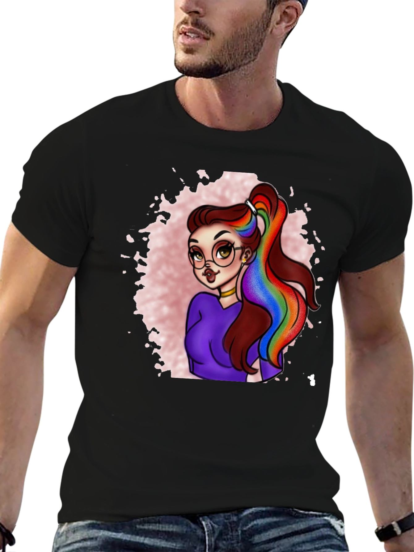 Black Rainbow Hair Cartoon Graphic T-Shirt view 6
